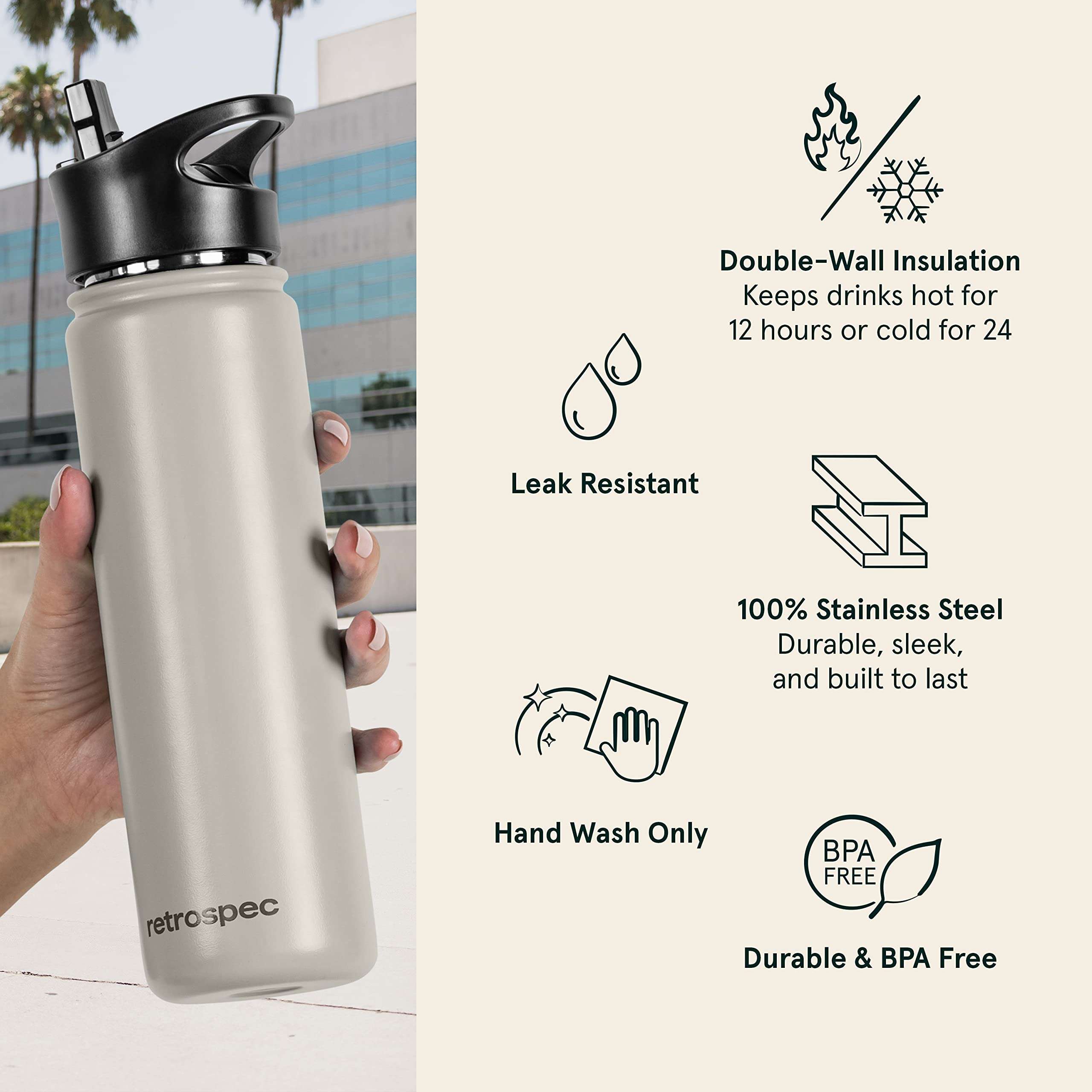 Retrospec Alder Insulated Water Bottle with Straw Lid & Handle Cap - Stainless Steel Wide Mouth Double-Wall Vacuum Insulated Thermos - BPA Free Leakproof Canteen - Abalone, 22oz 2