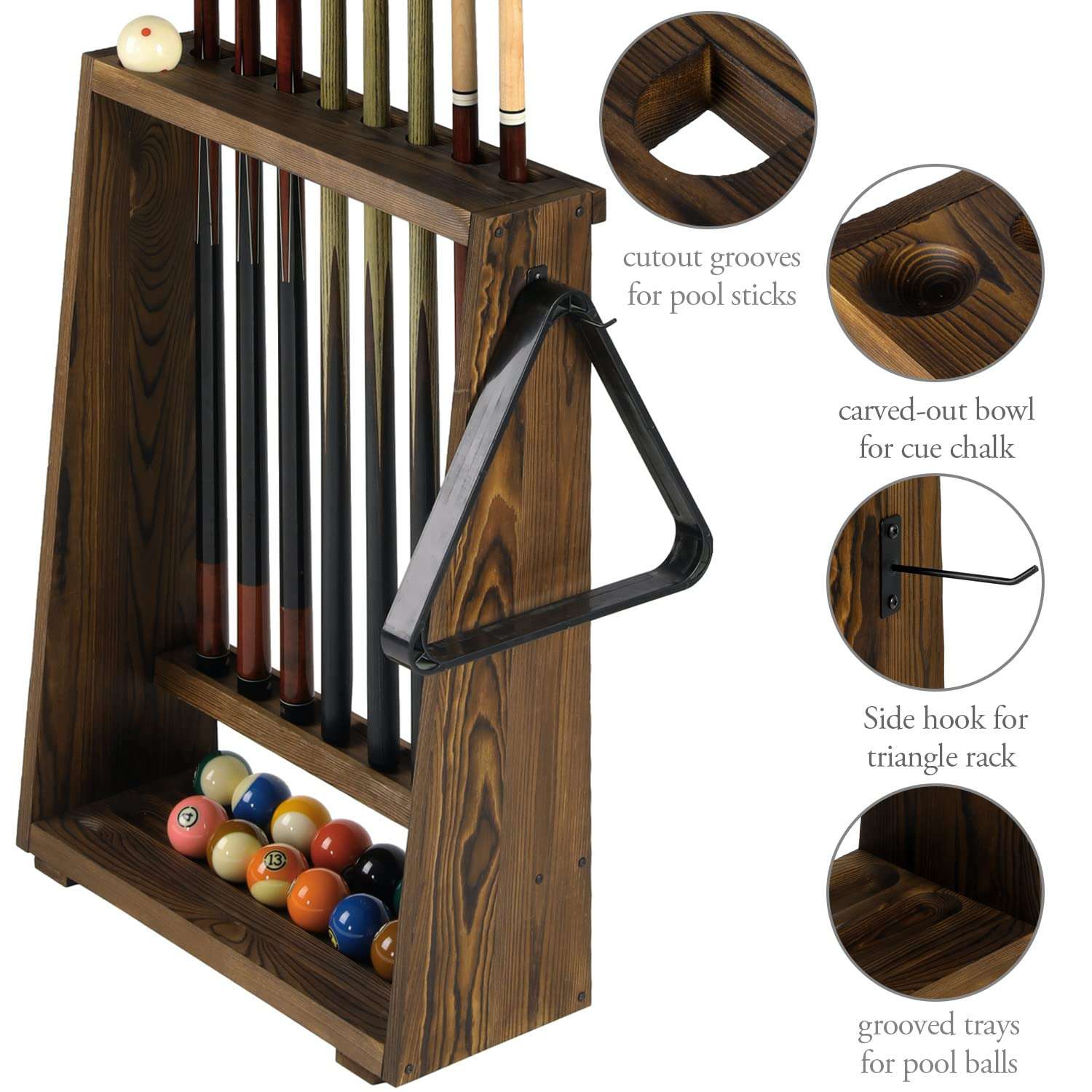 MyGift Rustic Burnt Brown Solid Wood Freestanding Billiards Acessories Storage Rack - Floor Standing Pool Cue Holder, Ball Shelf, and Triangle Hook 5
