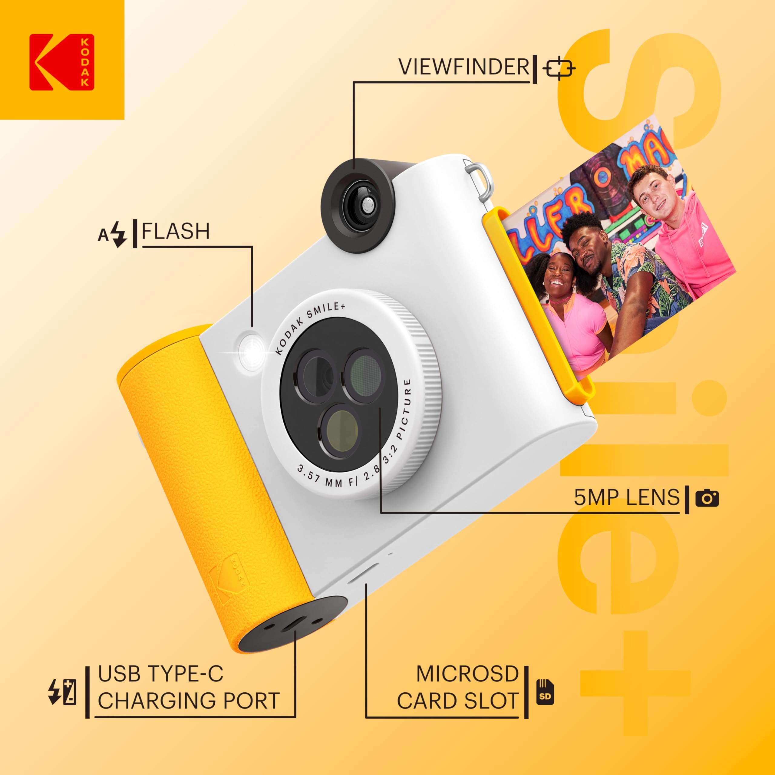 KODAK Smile+ 2-in-1 Digital Instant Print Camera & Wireless Bluetooth Photo Printer Starter Bundle + Deluxe Case + Zink 20pk Sticky-Back Photo Paper - 10MP, Special-Effect Rotating Lens - White 3