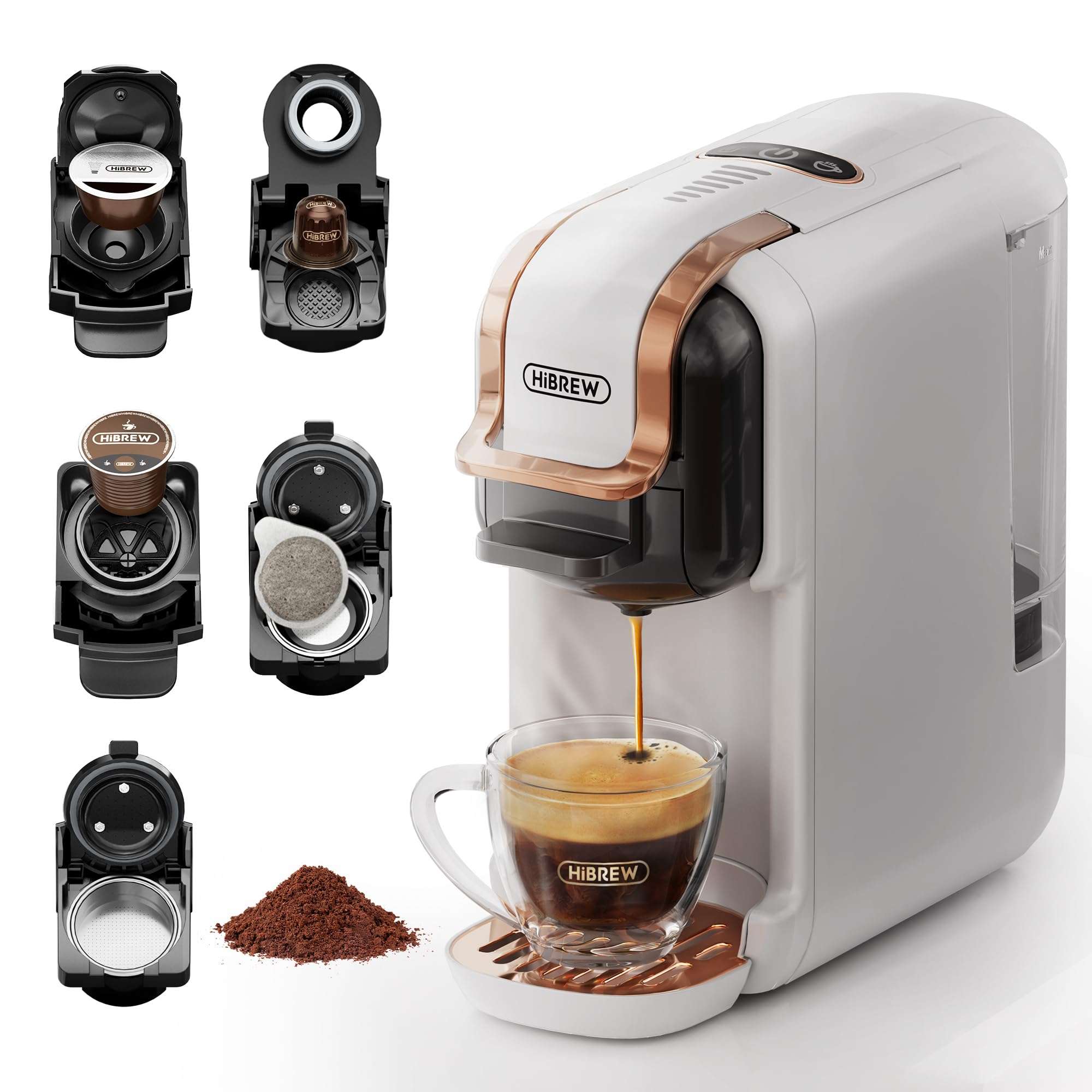 HiBREW H2B 5-in-1 Pod Coffee Maker - Compatible With 4 Coffee Capsule as Well as Espresso Powder, Makes Iced Coffee, Espresso, Cappuccino, Long Black. Hotel Kitchen Coffee Machine 1