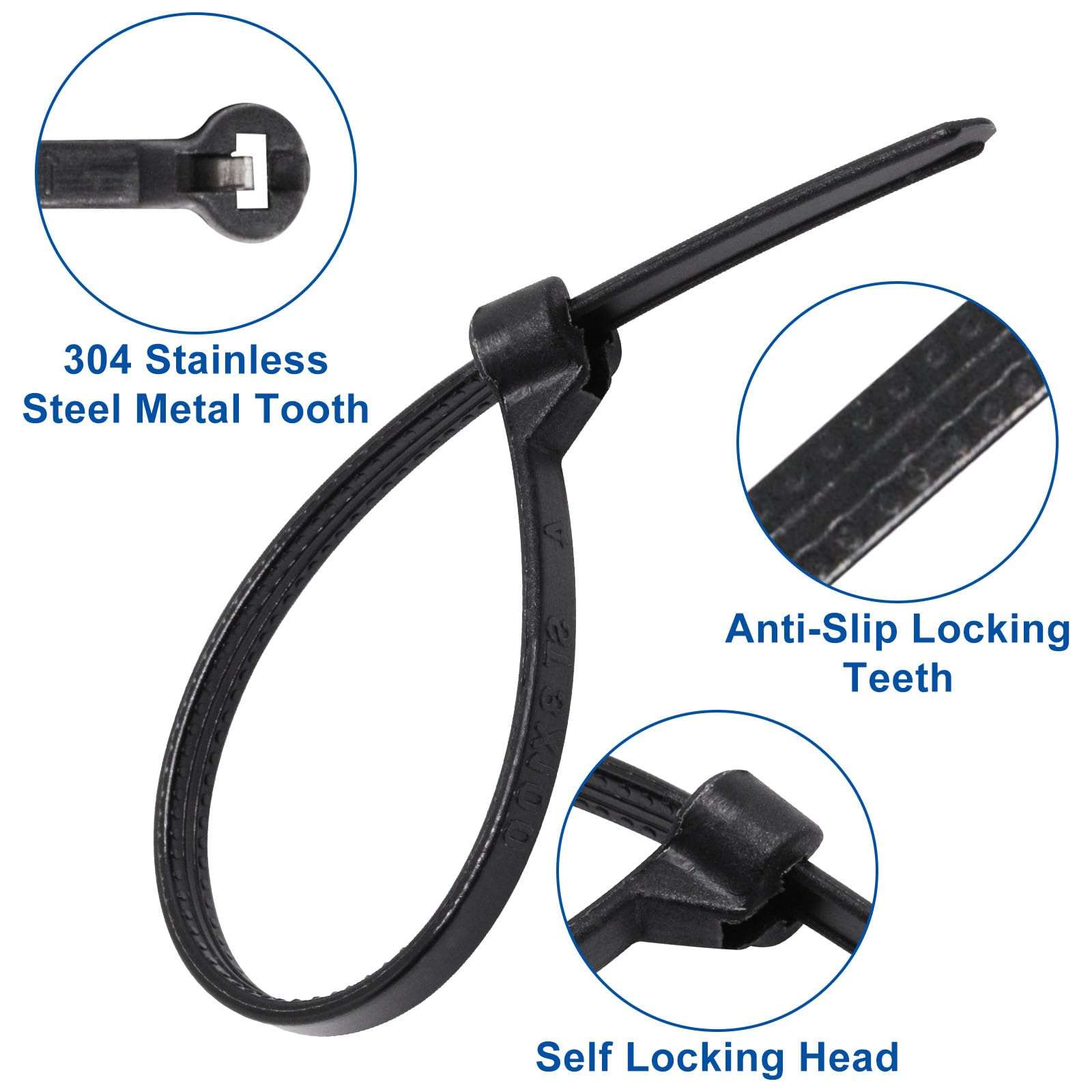 300pcs Push Mount Zip Ties, 4" Cable Zip Tie with Stainless Steel Metal Tooth Locking Device, Self Locking Straps Heavy Duty Nylon Zip Tie Clips for Industry, Auto, Construction, Electronic (4inch) 4