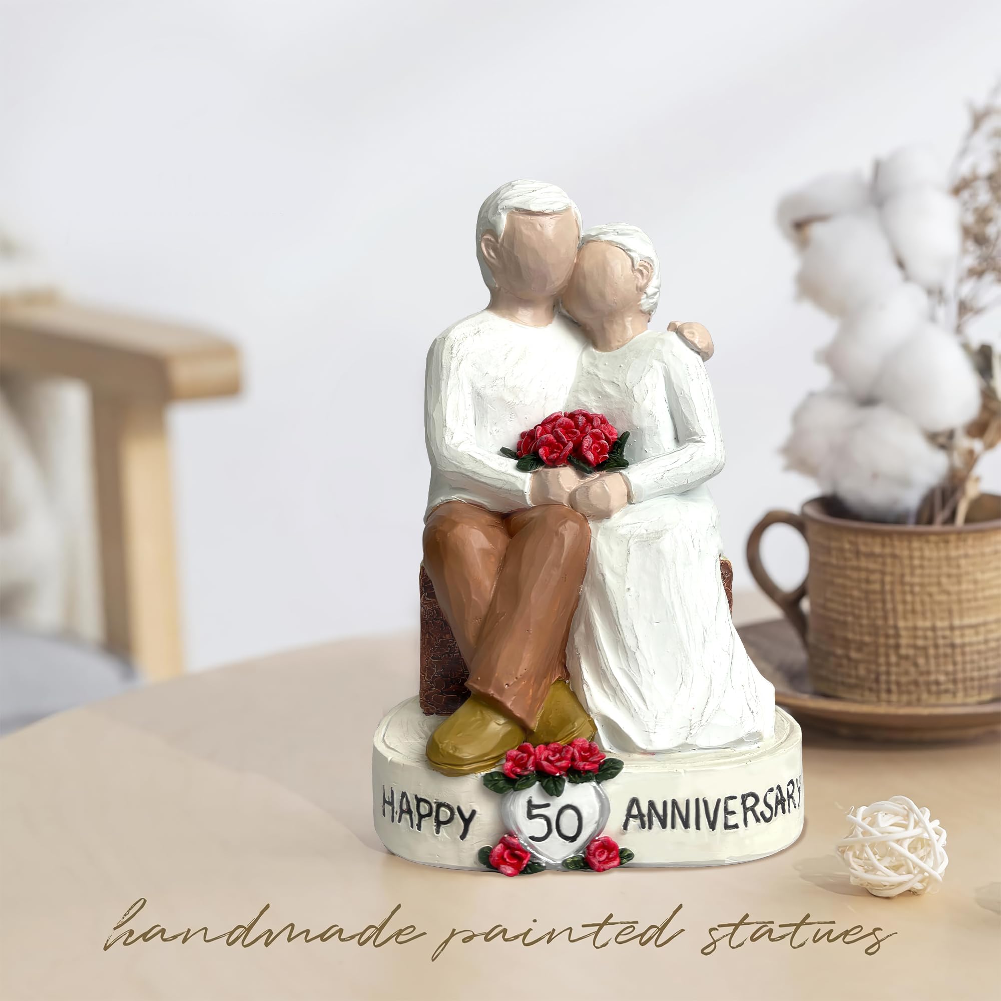 Bozspacer 50th Loving Elderly Couple Figurines, Hand-Painted Resin Statue for Parents or Grandparents, 5.9 Inch Tabletop Decor, for Old Couple or Marriage Anniversary 4