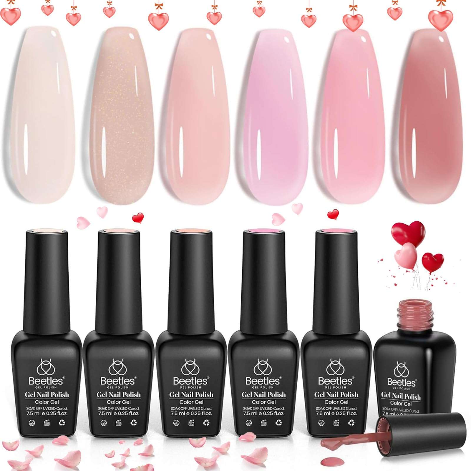 Beetles Jelly Gel Nail Polish Set 6 Colors Neutral Sheer Shimmer Glitter Nails Nude Pink Gel Polish Kit Translucent Soak off Uv Nail Gel Diy Manicure Nail Trend Nail Art Valentine's Day Gift for Women 2