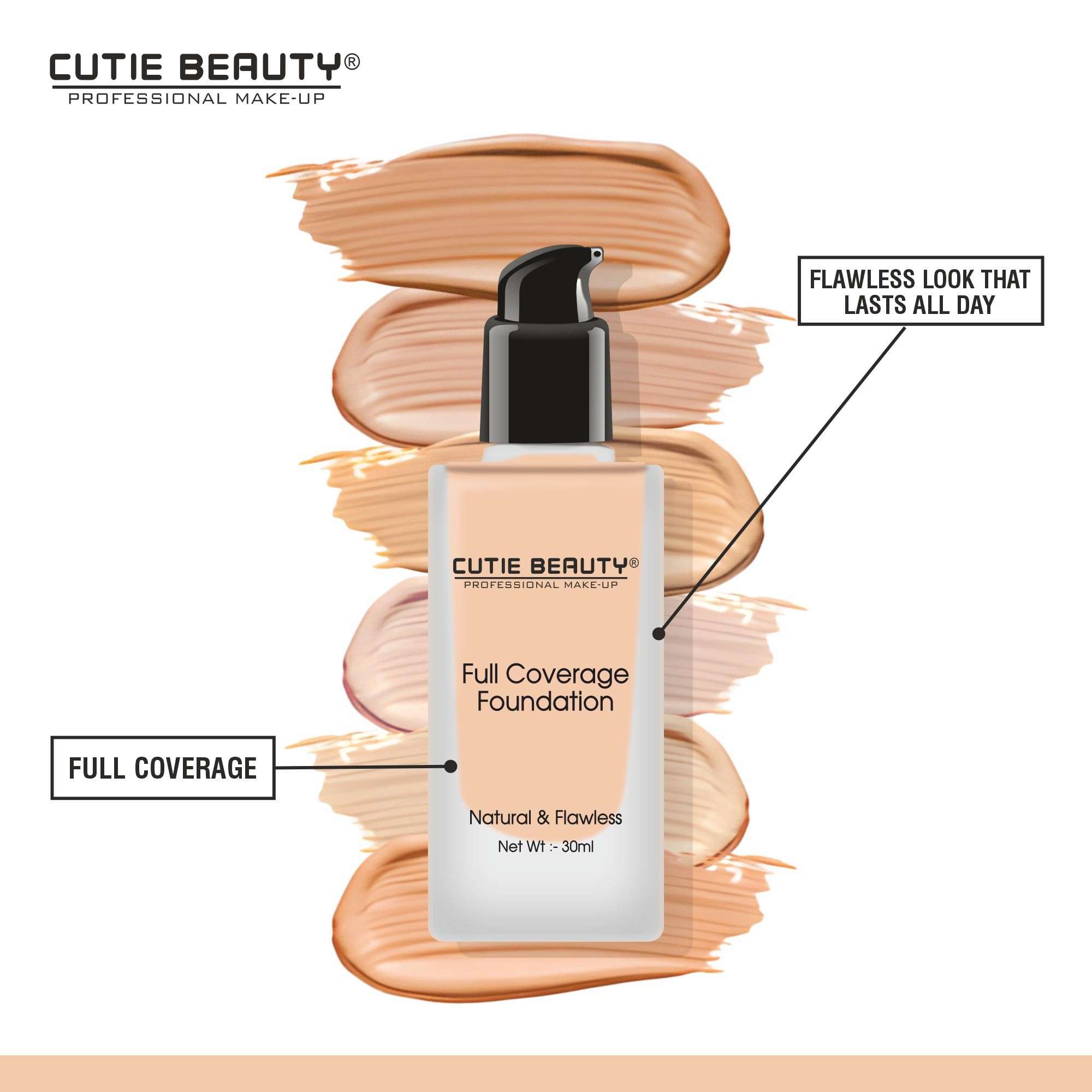 Cutie Beauty High Performance Foundation | Water-Resistant | Medium to Buildable Coverage | Lightweight | Easy to Blend | Full Coverage Foundation | Matte finish - Shade (Natural, 30 ml) 6