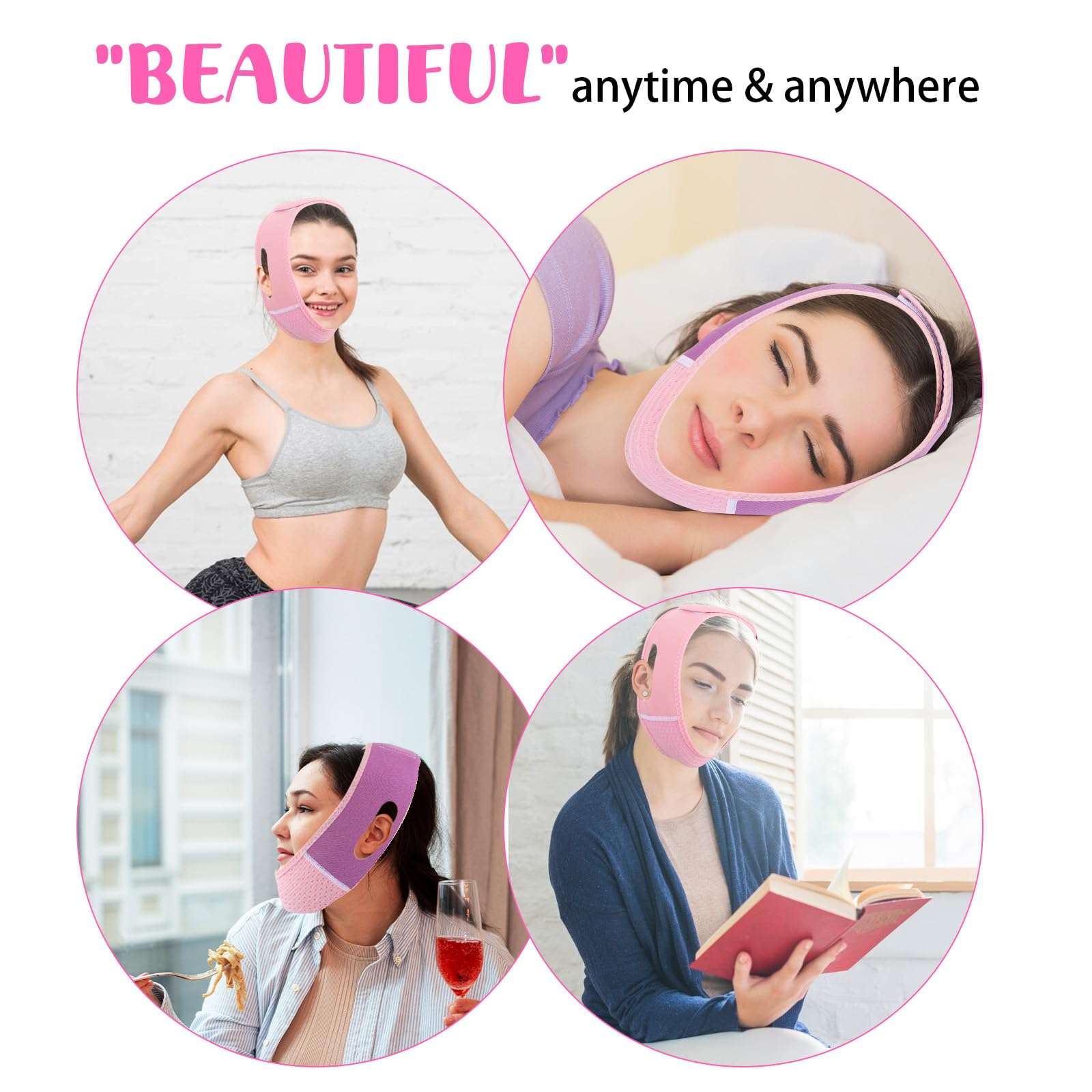 Lusofie 2PCS V-Line Mask Reusable V Line Lifting Mask Womens Chin Strap for Sleeping Double Chin Reducer, V Shaped Face Lifting Strap Face Slimming, Jaw Exerciser for Women (Pink & Purple) 6