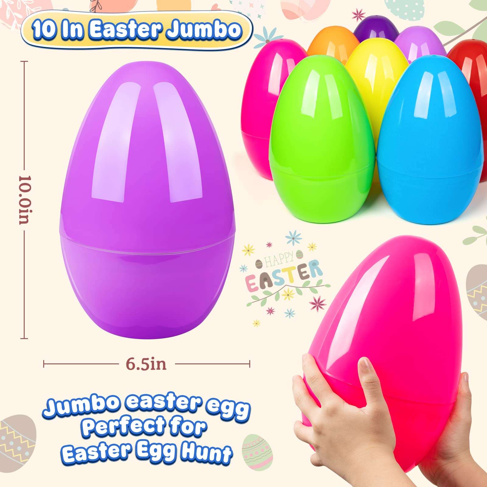 BainGesk 8PCS Jumbo Easter Eggs, 10" Large Plastic Easter Eggs, Empty Eggs for Easter Egg Hunt, Bulk Fillable Surprise Eggs, Basket Stuffers Fillers, Easter Party Favor for Kids 4
