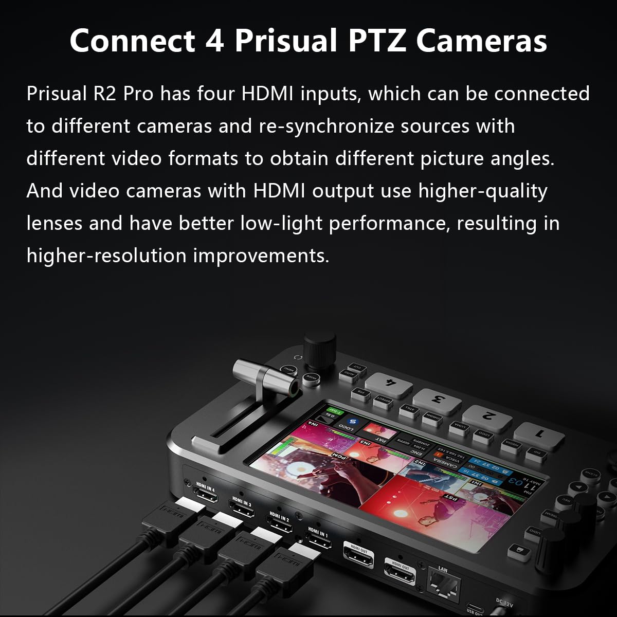 Prisual HDMI PTZ Camera Bundle 30X HDMI 3G-SDI IP PoE HDMI PTZ Camera for Church Live Streaming(4pcs) + R2 Pro Video Switcher + TEM-JOY1 PTZ Controller 4