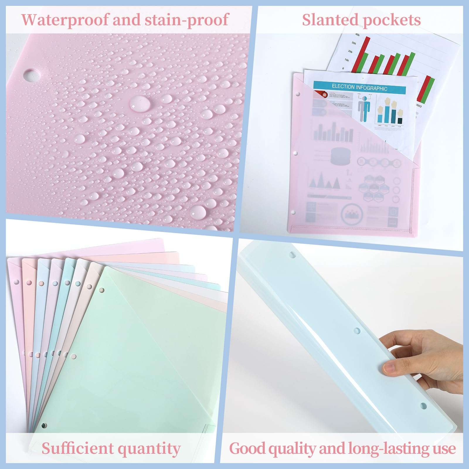 48 Pack Binder Pockets for 3 Ring Clear Pocket Divider Folders for 3 Hole Binders Sleeves Plastic Slash File Jacket for Office School Classroom Business Home Organizer, 9.25" x 11.22" (Pastel) 4