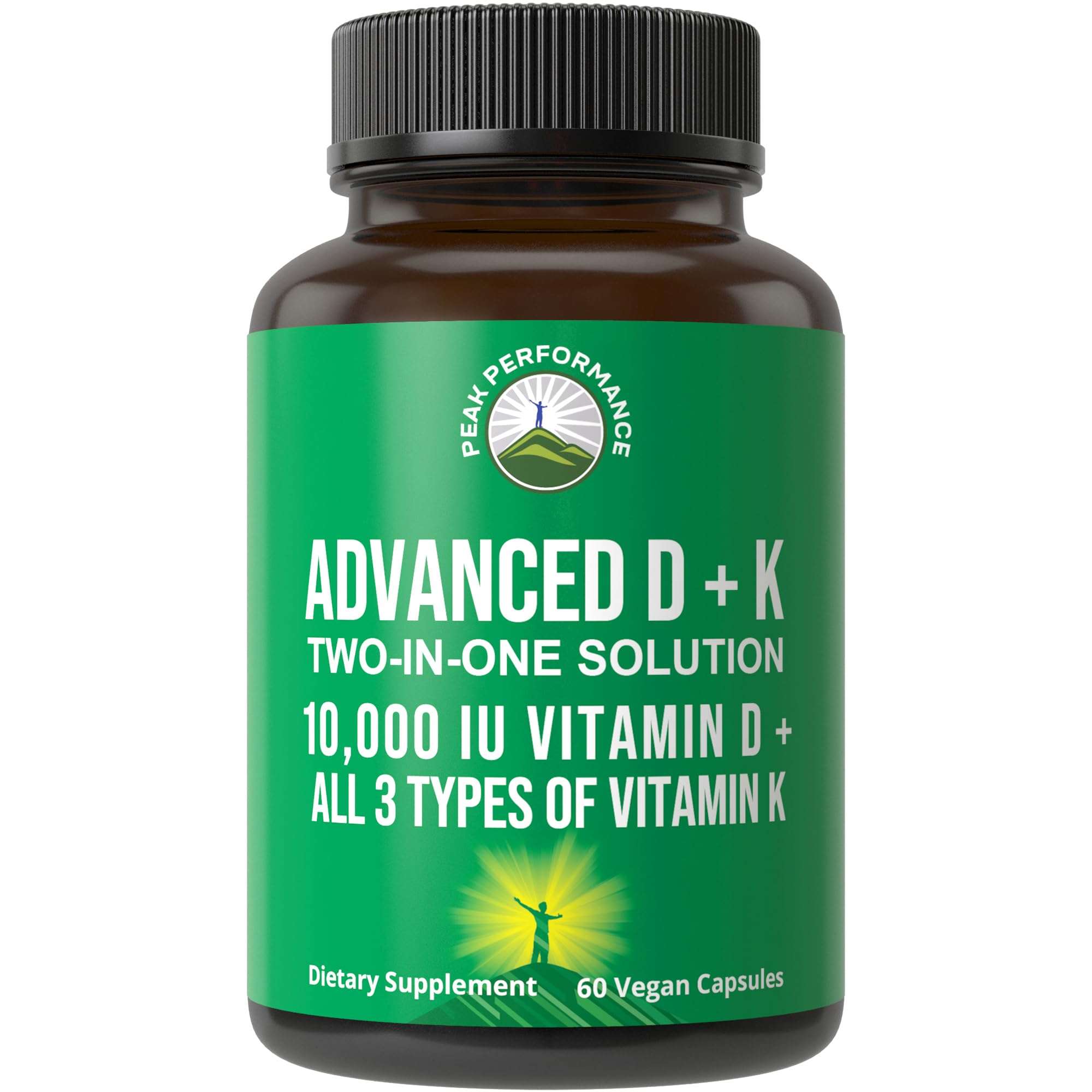 Peak Performance Advanced Vitamin D 10000 IU with All 3 Types of Vitamin K Capsules 10,000 IU Vitamin D3 and Vitamin K2, K1, MK-7 (MK7), MK4 Supplement. 60 Small and Easy to Swallow Pills 1