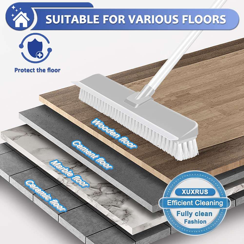 Floor Brush Indoor/Outdoor Push Broom, Stiff Bristles Floor Scrub Brush with Squeegee & 56in Adjustable Long Handle Sweeping Brush for Cleaning Kitchen,Bathroom,Patio,Wood,Stone,Tile Floor (White) 5