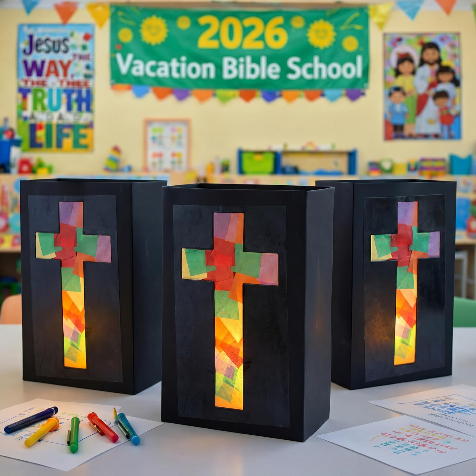Resurhang 16 Set 2026 VBS Cross Lantern Craft Kit DIY Illumination Theme Faux Stained Glass Paper Lanterns with LED Candle Lights Religious Easter Make Your Own Craft Bulk for Church Vacation Holiday 5
