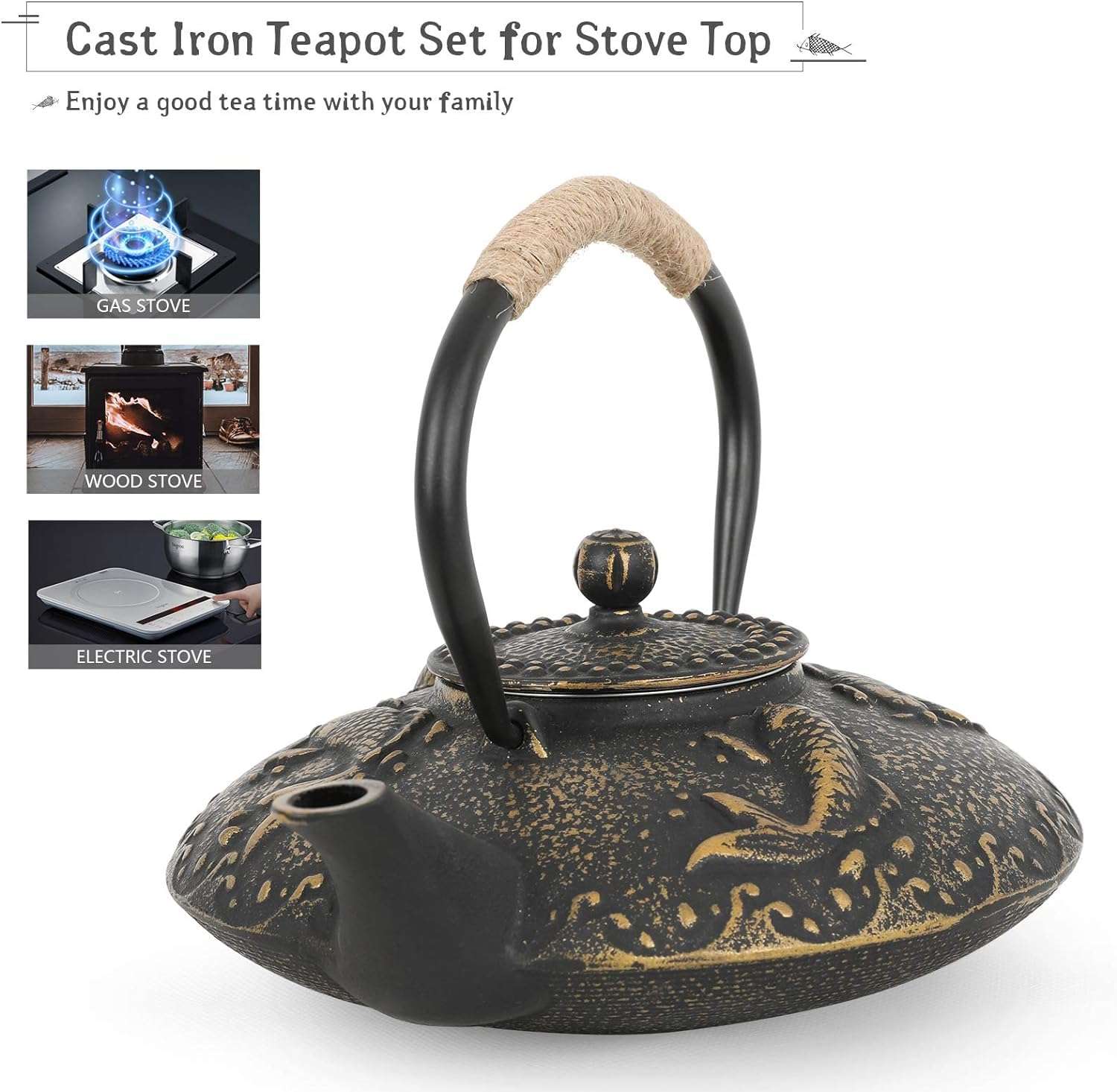 Mokshith Cast Iron Teapot Set, 26 oz/750 ml Japanese Style Teapot with Infuser and Warmer, Tea Pot | Tea Kettle Coated with Enameled Interior, Large Cast Iron Kettle, Iron cast Teapot Warmer (MO -03) 5