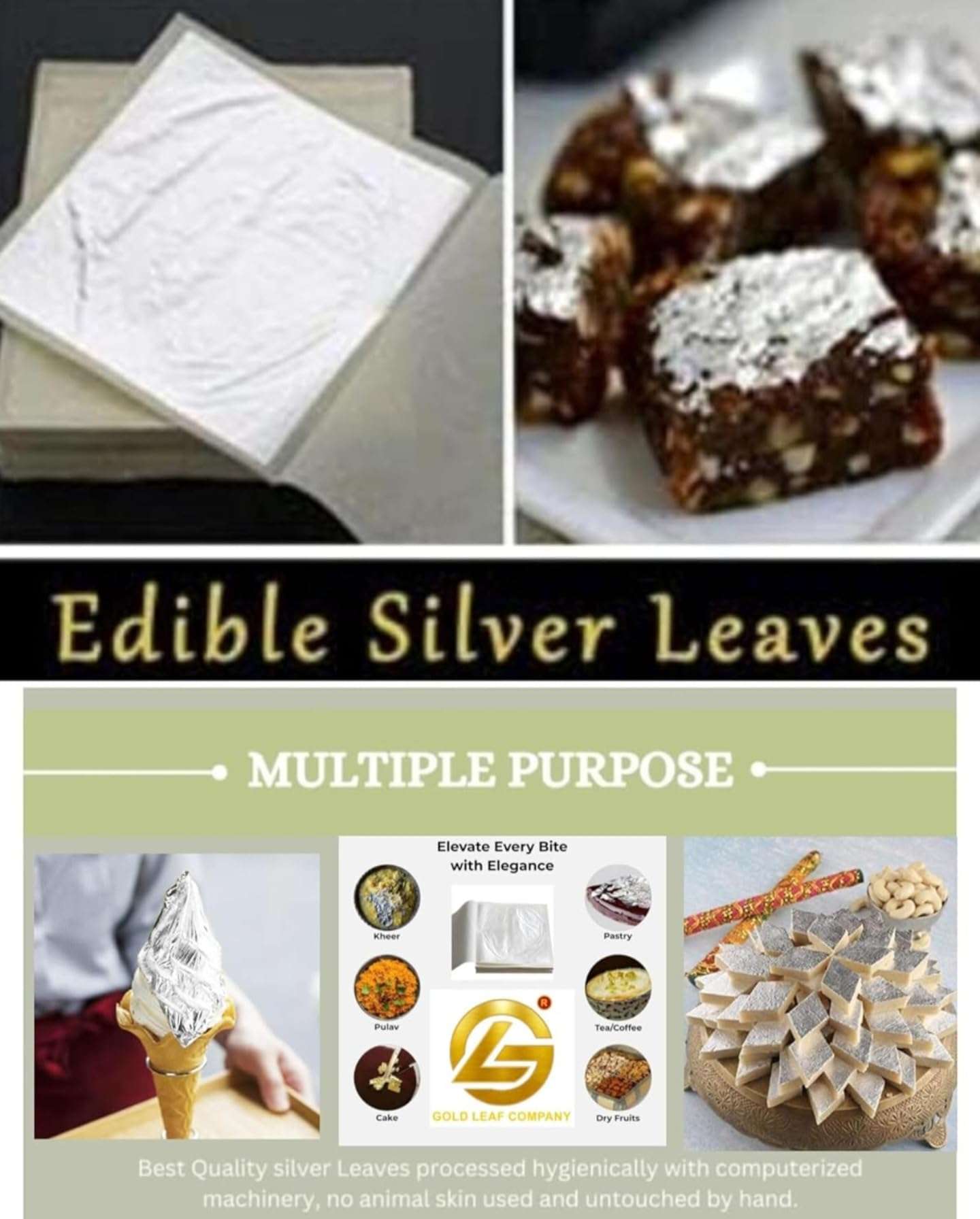 SGLS Edible Silver Leaves 15.pcs Vark,varakh,5"× 3"inches waraq for Sweets Decoration,Cakes Decoration,Jain Temple,ayurvedic madicine,face Facial spa,serums,chyawanprash etc 15.Sheets 5