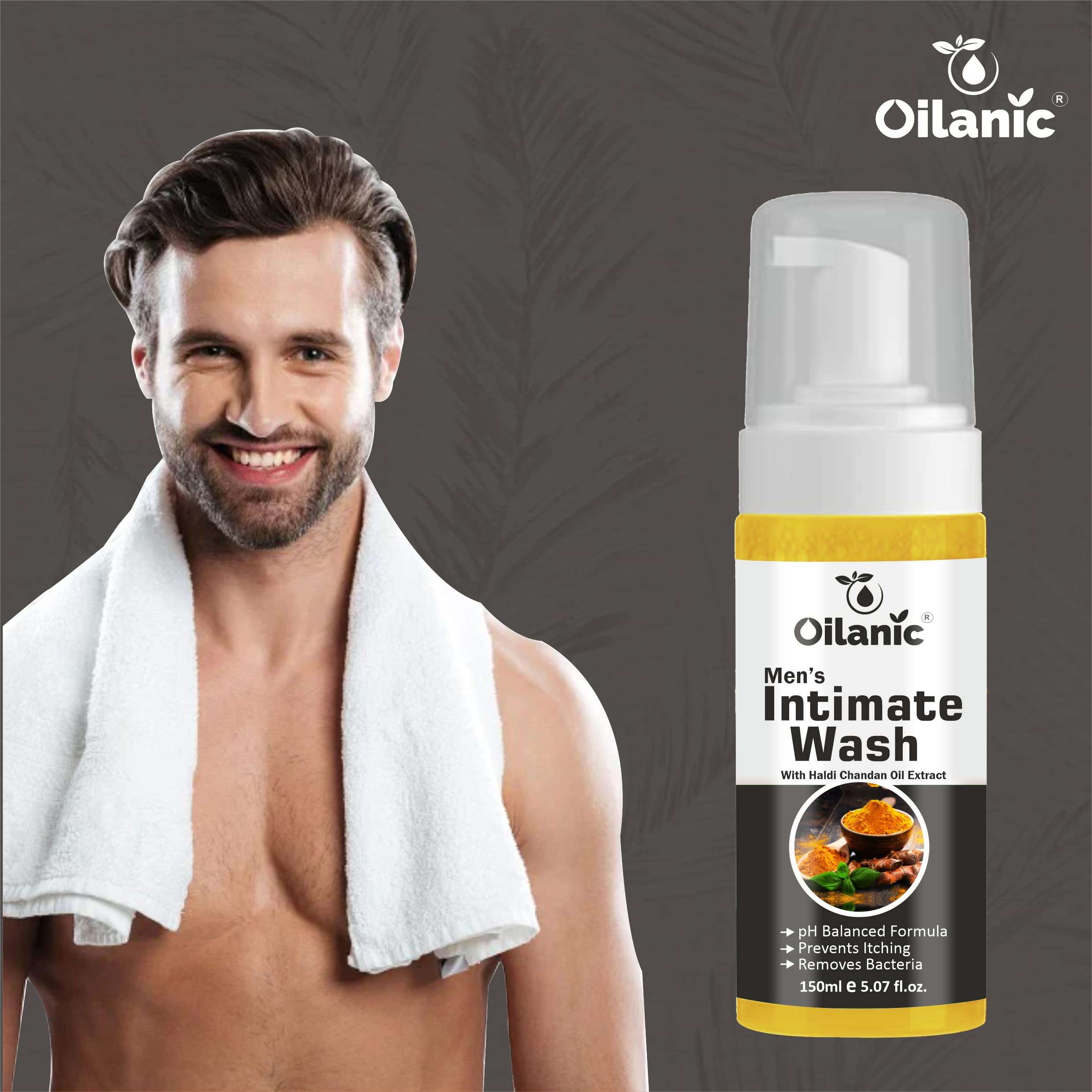 Oilanic Natural Men's Intimate Wash with Haldi Chandan Extract (Pack of 4, Each 150 ml)|pH-Balanced Hygiene Wash for Daily Freshness and Odor Control Gentle Cleanser for Sensitive Skin Chemical free 3