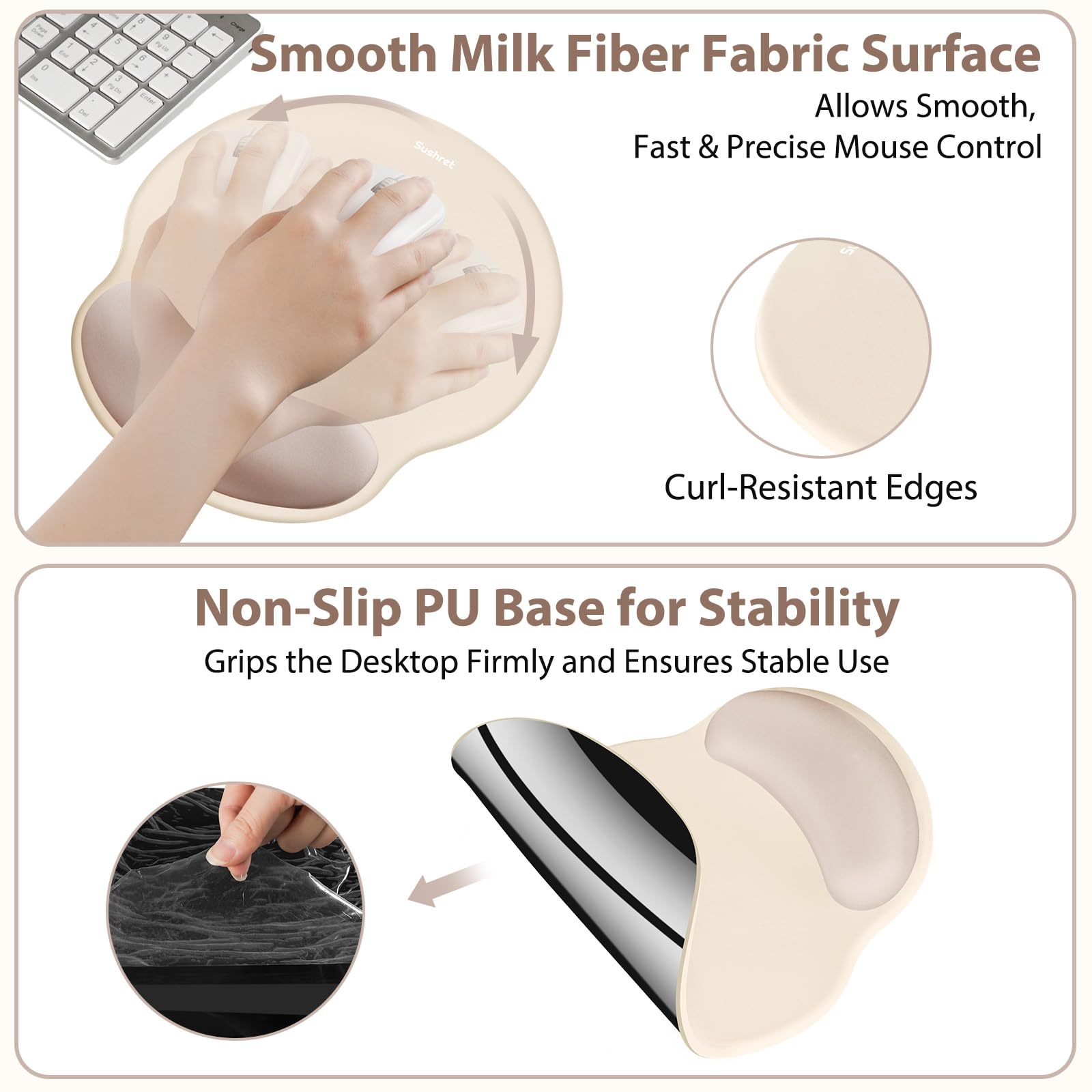 Sushret Mouse Pad and Keyboard Wrist Rest, 3-in-1 Gel Memory Foam Ergonomic Mouse Pad with Wrist Rest Set, Gaming Mousepad Arm Cushion Support for Computer Office Desk Accessories Cute Setup,Apricot 5