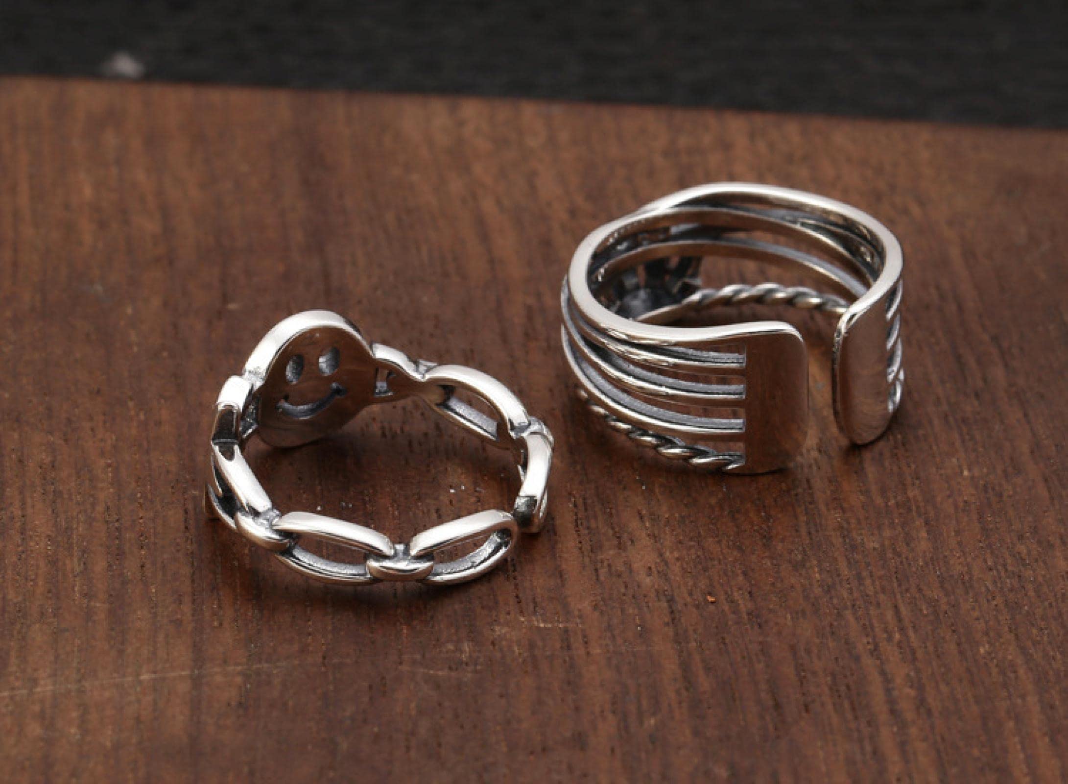 DELURA Sterling Silver Smiley, Crown Adjustable Rings 6