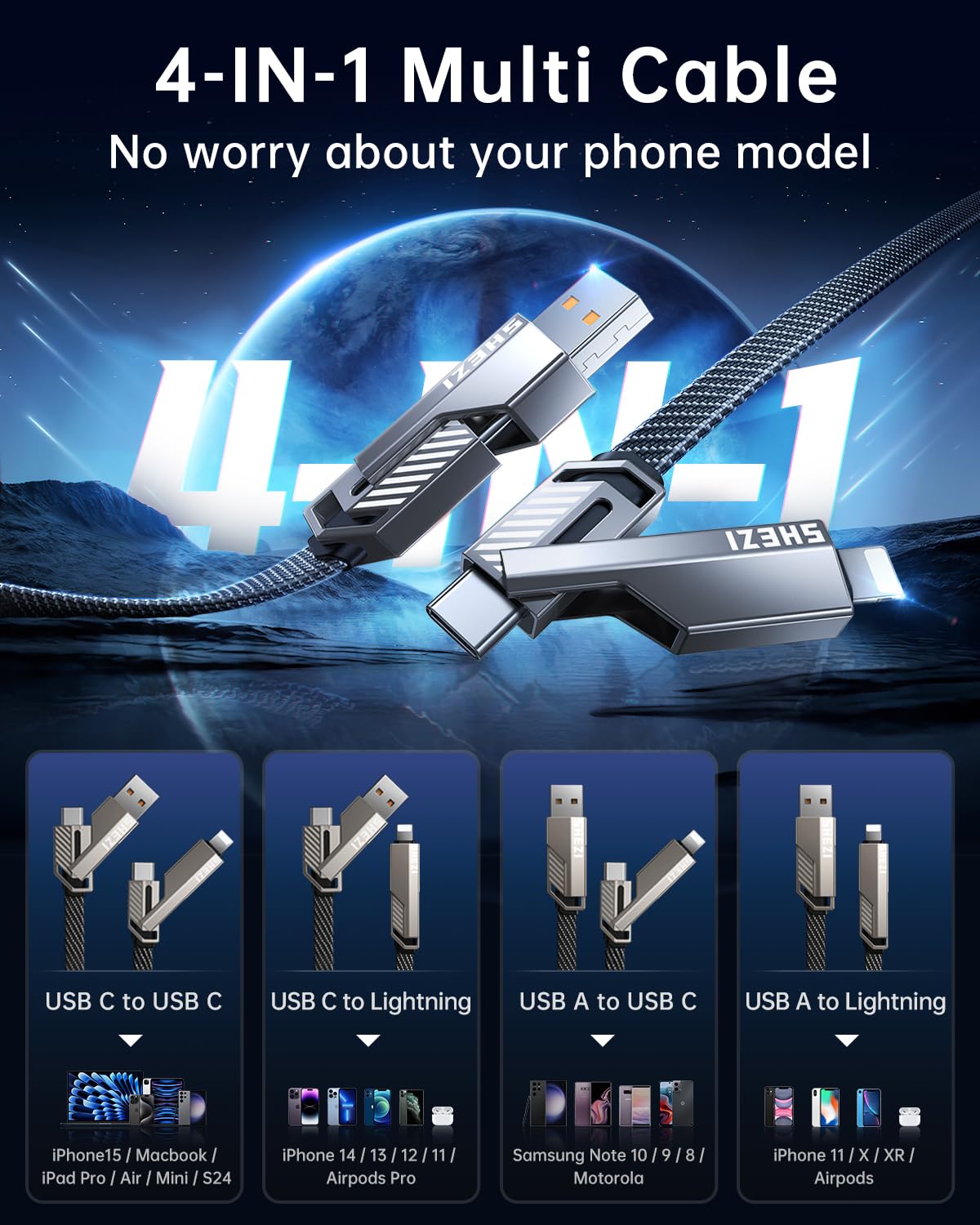 Vexipia 4-in-1 Long USB C Cable 50W 10FT Fast Charging Flat Nylon Braided for iPhone iPad Charger Cord [480Mbps Data Sync] Multi Charge Wire with L/Type C/USB A Port 3