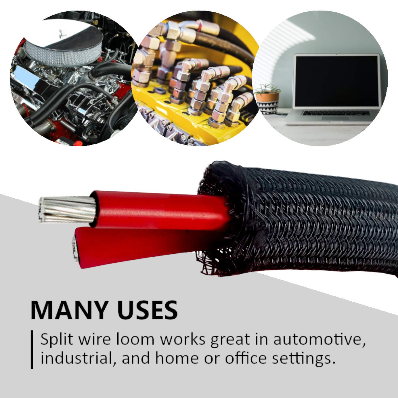 MGI SpeedWare Braided Split-Sleeve Wire Loom for High-Temperature Automotive Harness and Home Cable Management 10 feet (1") 5