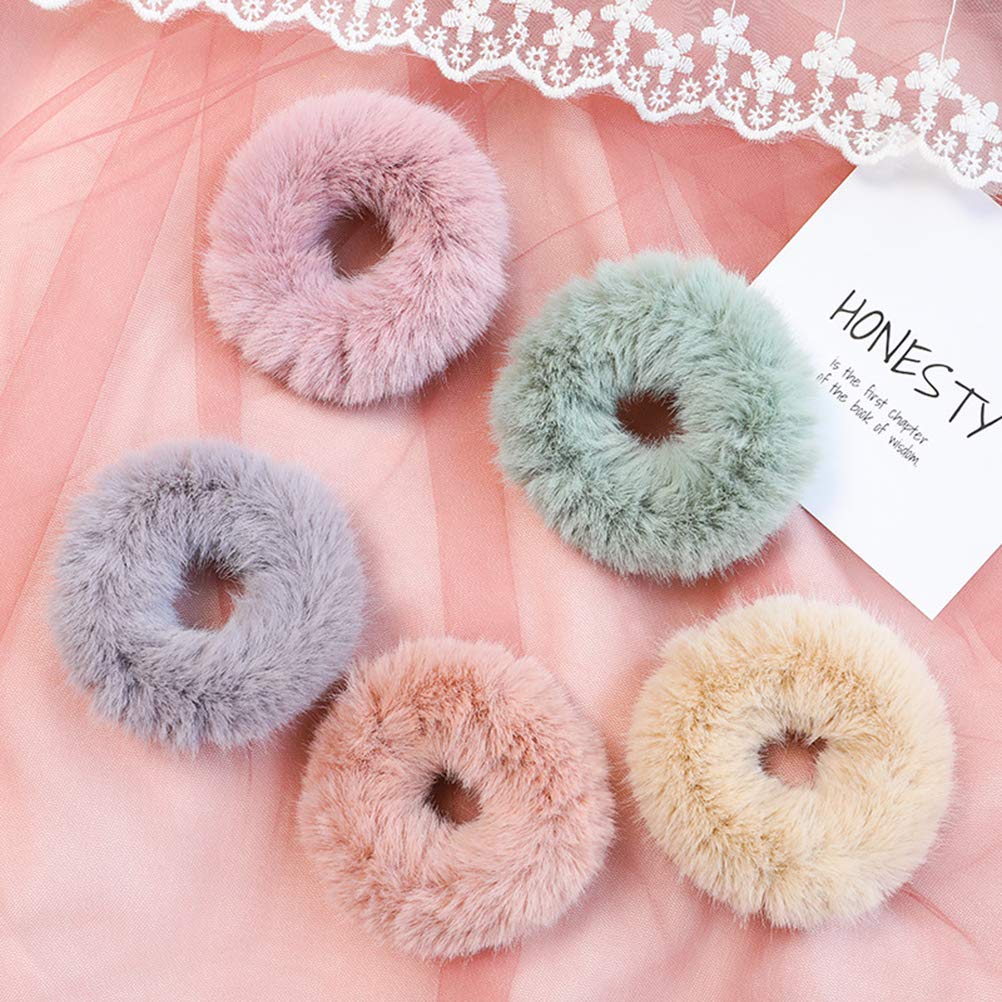 Beaupretty Rabbit Fur Hair Scrunchies,Sweet Rabbit Faux Fur Fluffy Ball Pom Pom Scrunchies Ponytail Holder,5pcs (Random Color) 3