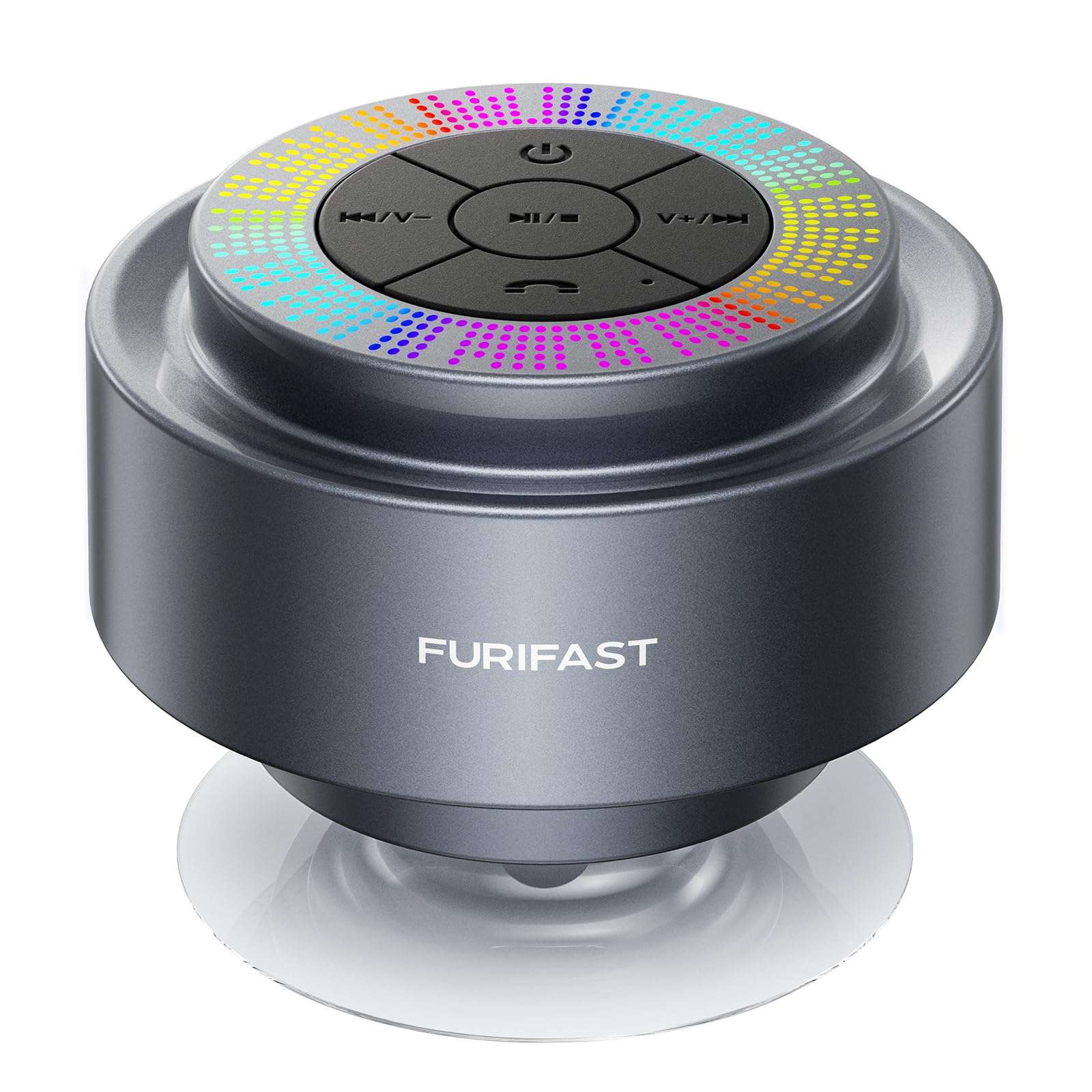 Certified IP67 Waterproof Bluetooth 5.3 Shower Speaker, FuriFast Suction Cup Mini Bluetooth Shower Radio with Mic for Bathroom, Dynamic LED Lights and Dual Stereo Pairing, Space Grey 1