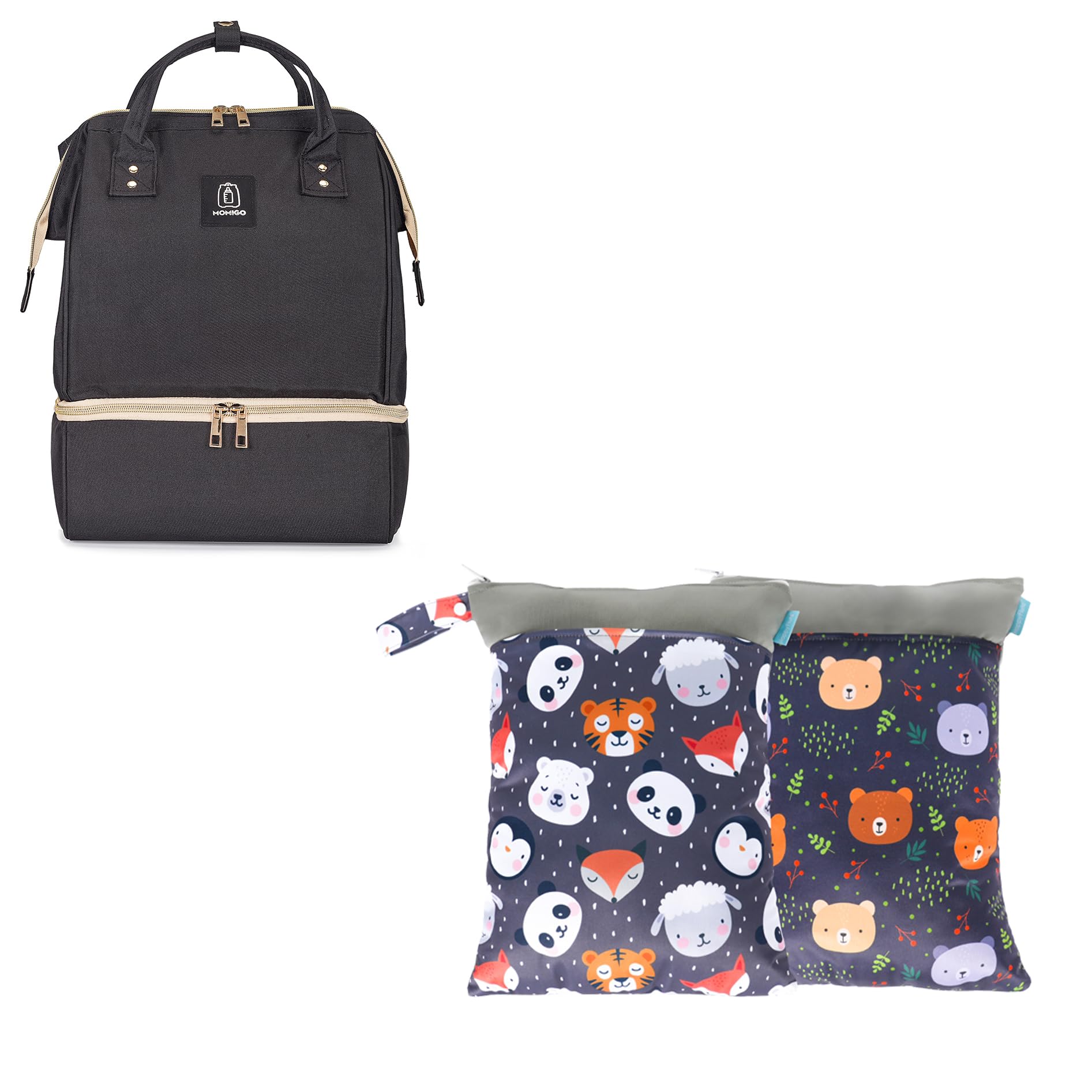 MOMIGO Diaper Breast Pump Backpack - Cooler and Moistureproof Bag （Black & 2 pcs/set Wet Dry Bags for Baby Cloth Diapers (Animal) 1