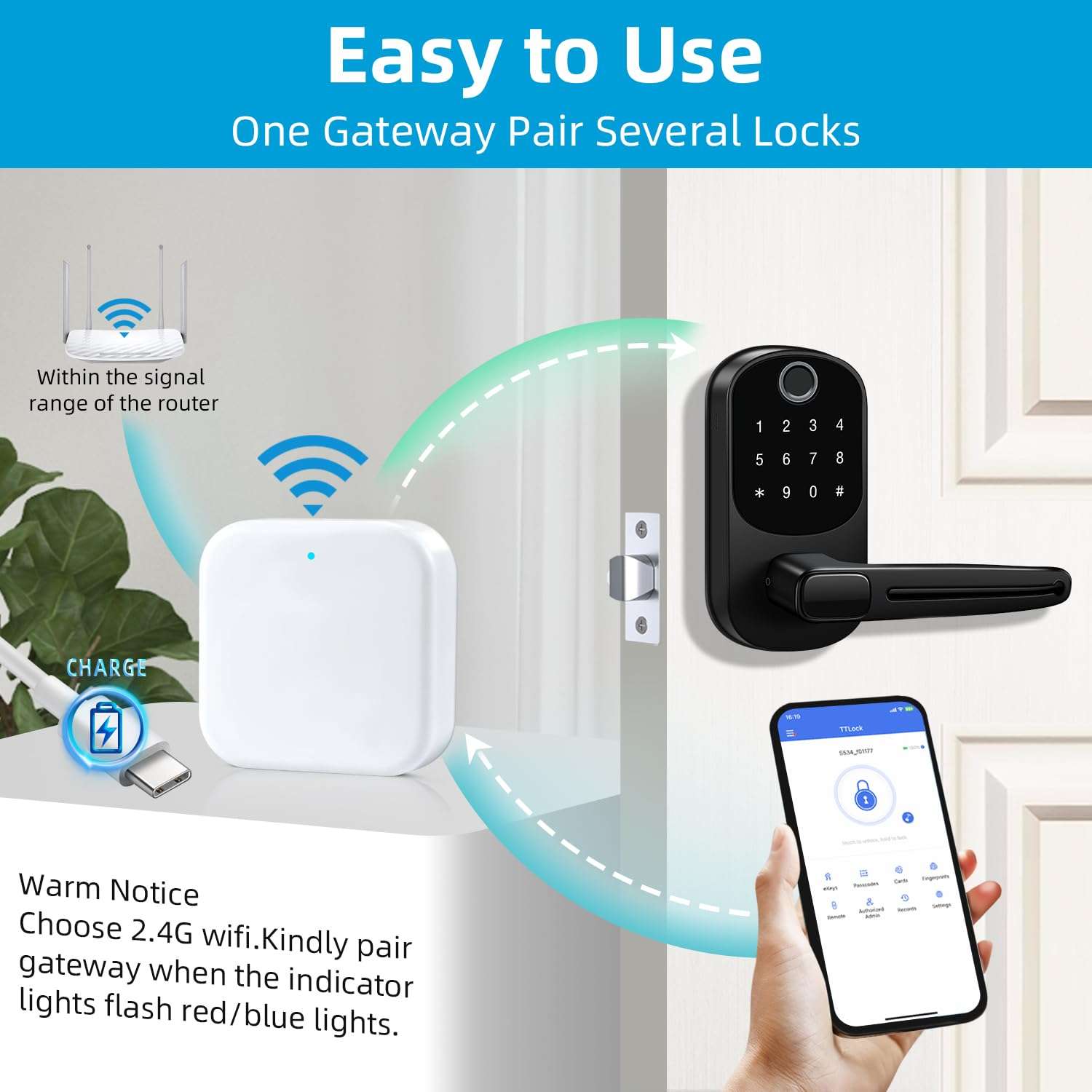 Smart Lock G2 WiFi Gateway,Keyless Entry Door Lock & TT Lock App Bluetooth Remotely Control, Paired with Smart Door Lock WiFi Gateway Smart Hub Compatible with Alexa Voice Control 3