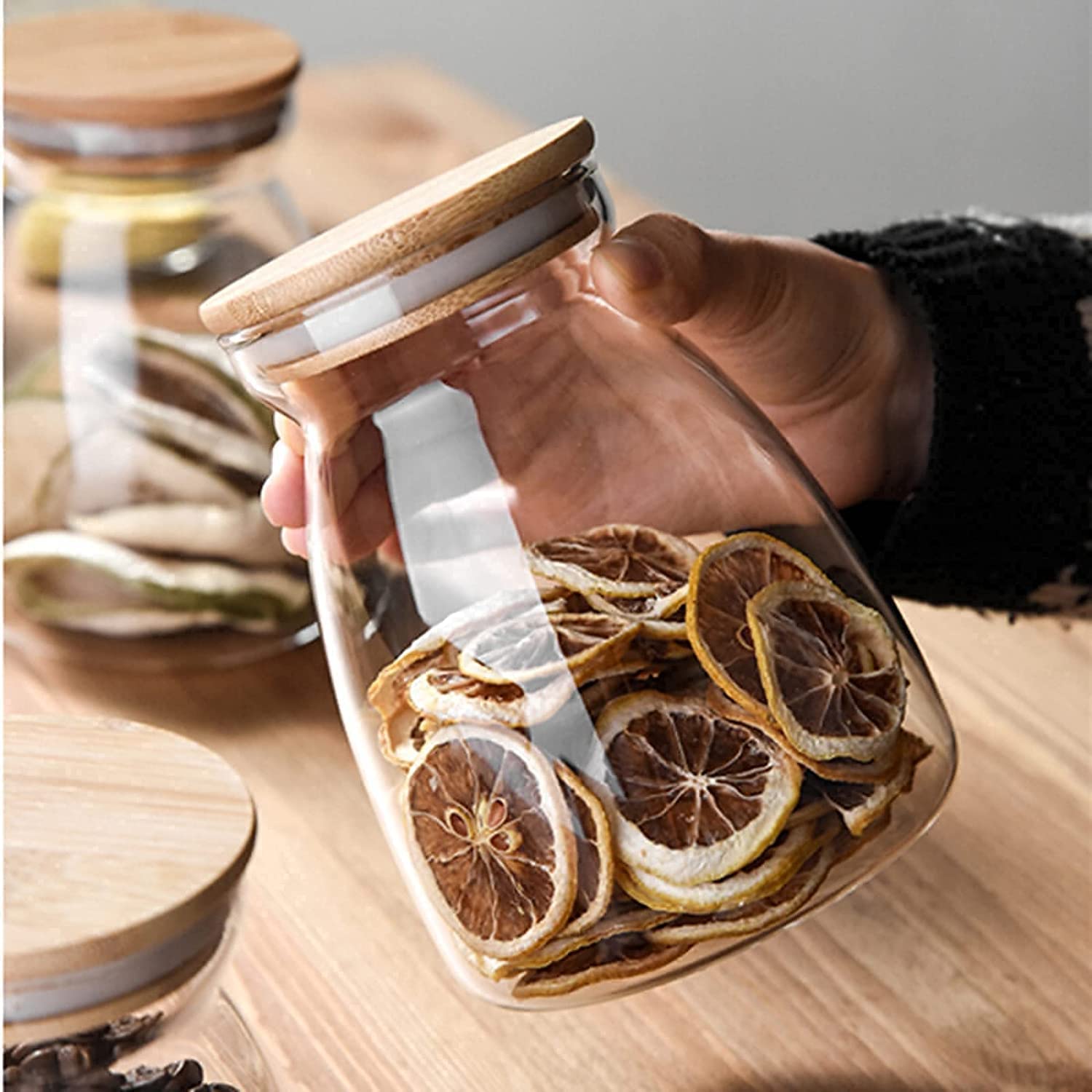 Zinble09 Glass Jar with Airtight Lid , Glass Canister with Wood Lid, Storage Container Jars for Coffee, Tea, Spice, Sugar, Salt ( 650Ml - 1 Pcs ) 3