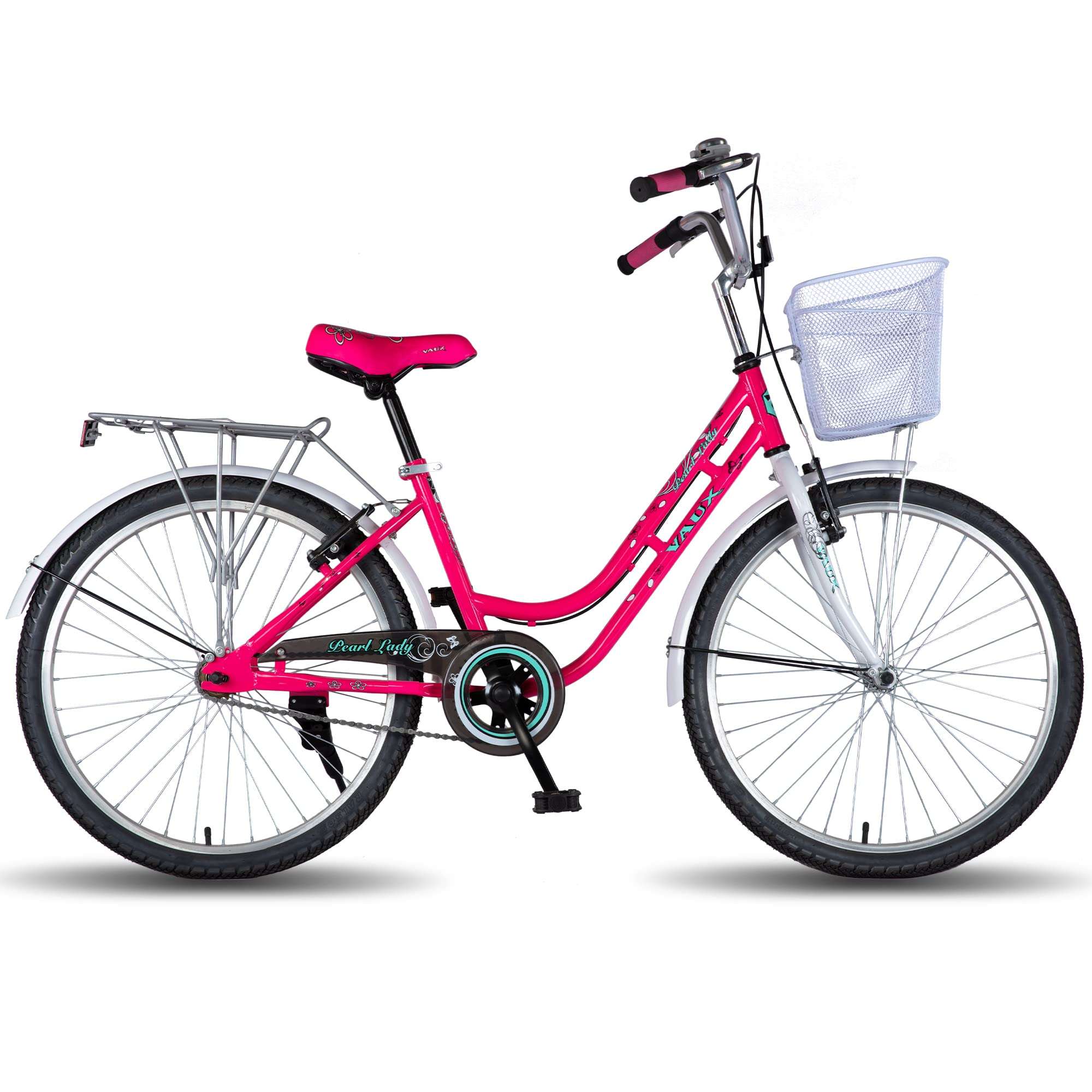 Vaux Pearl Lady Women Bicycle for an Age Group of 12+ Years with Heavyduty Carrier and Basket, Light Weight 26 inch Ladies Cycle with Alloy Rims,Powerful V-Brakes and Ralson Tyres(White-Pink) 1