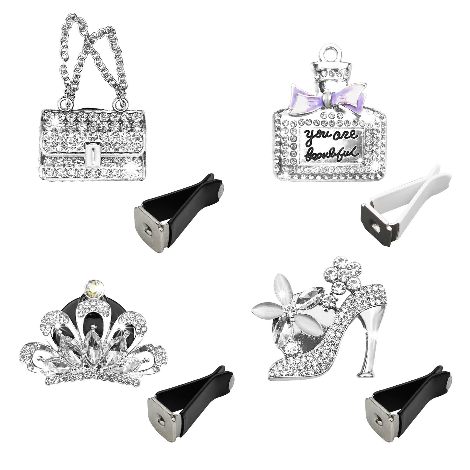 4PCS Bling Air Freshener Vent Clip, Crystal Rhinestone Heels Bag Crown Perfume Bottle Dashboard Air Vent Trim Clips, Cars Accessories Interior Decor (Sliver) 1
