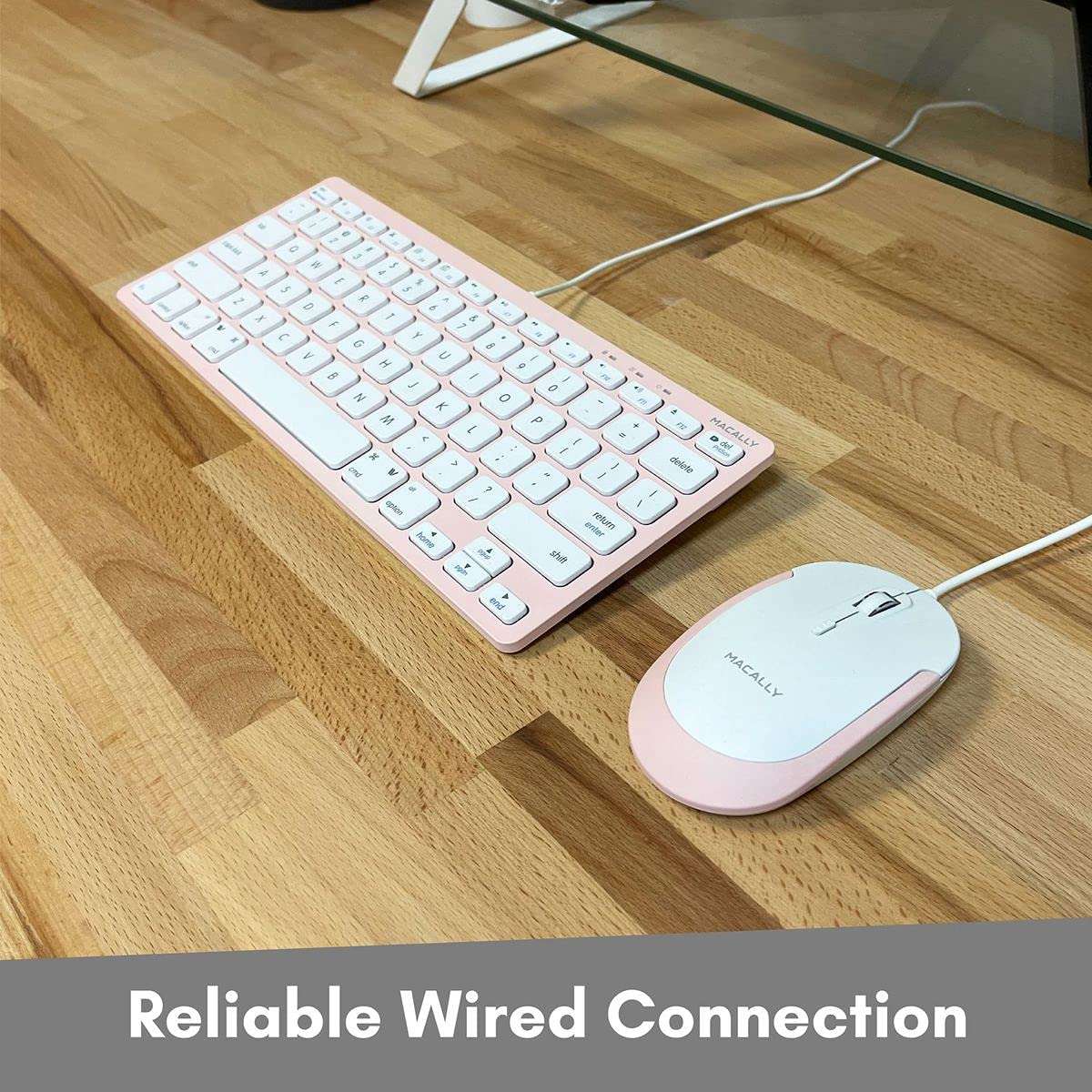 Pink Keyboard and Mouse Combo, Macally Small USB Wired Keyboard and Mouse for Mac and PC Desktop - Improve Aesthetics and Save Space - Mac Keyboard and Mouse Combo with 78 Keys and Silent Buttons 3