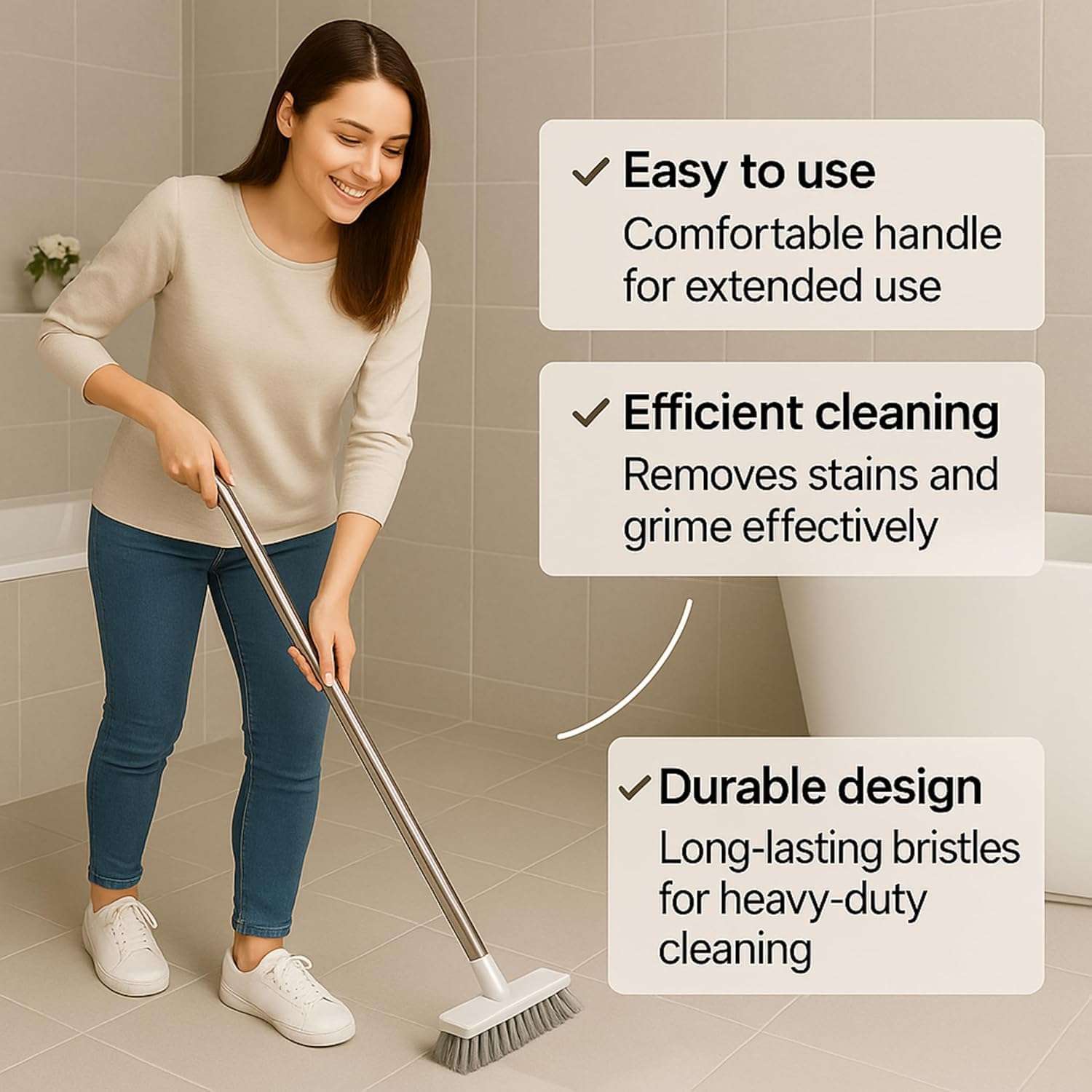 CLEANHOME Bathroom Cleaning Brush with Wiper, Floor and Tiles Cleaner Brush, Bathroom Cleaning Accessories, Cleaning Brush with Long Handle, Versatile Washroom Brush Cleaner (Medium) 6