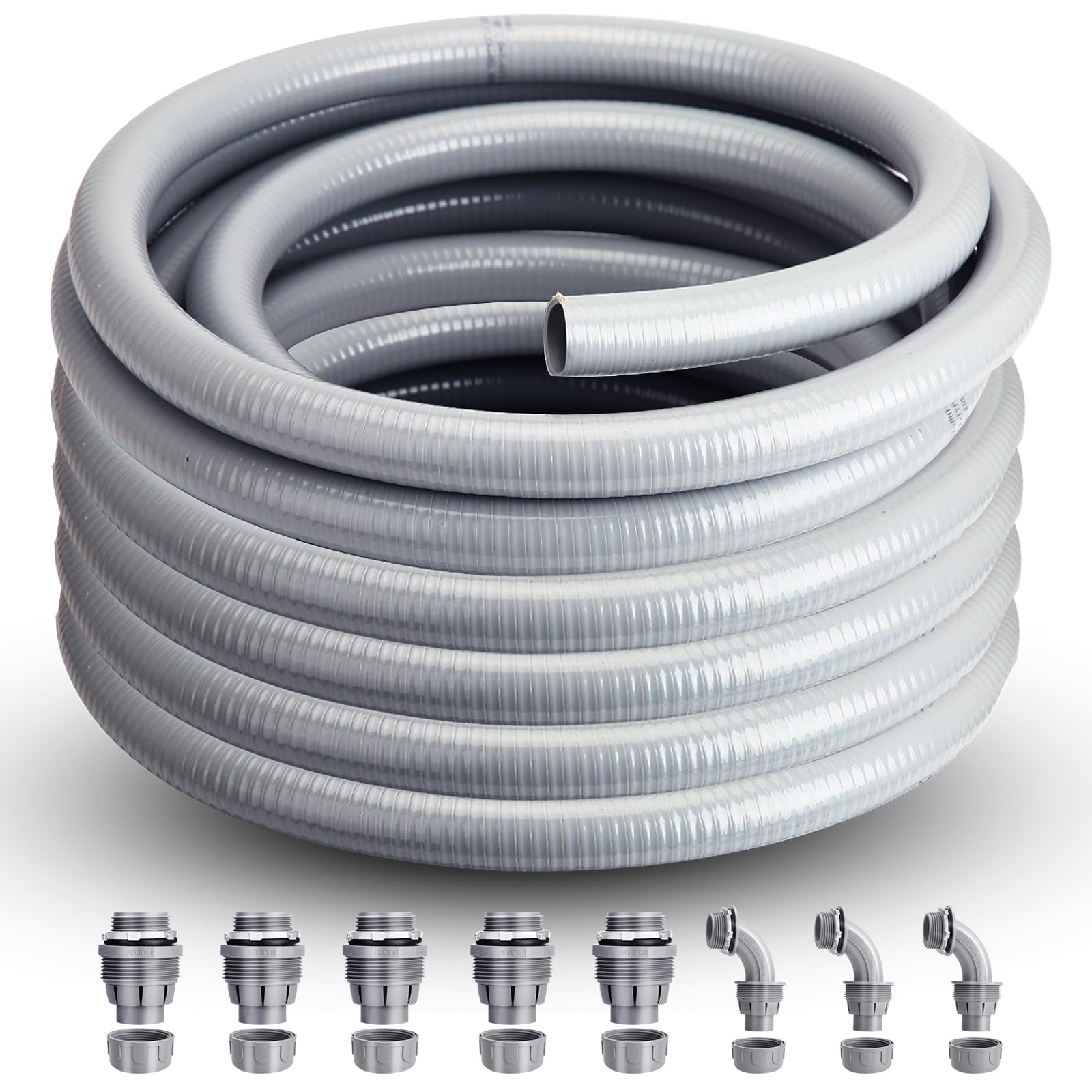 AISIMEE Liquid Tight Conduit 1/2inch 25FT,Flexible Non-Metallic Liquid Tight Flex Electrical Conduit and Connector Kit with 5 Straight and 3 90-Degree Conduit Connector Fittings