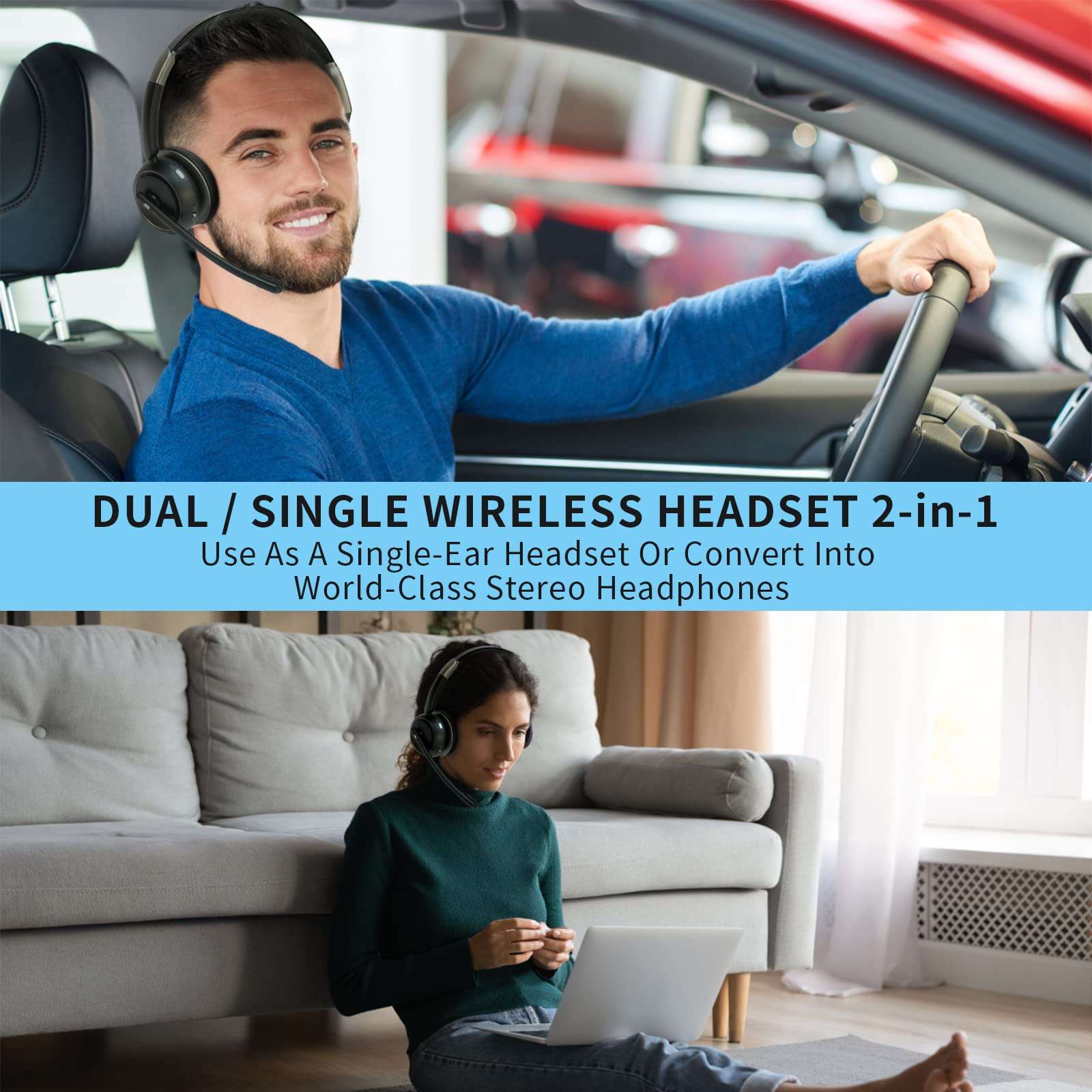 FF Fongee Bluetooth Headset with Microphone, V5.2 Single and Dual Ear Wireless Headphones with AI Noise Cancelling for Cell Phone, Laptop,Trucker, Home Office, Call Center,Zoom, Online Class 1 2