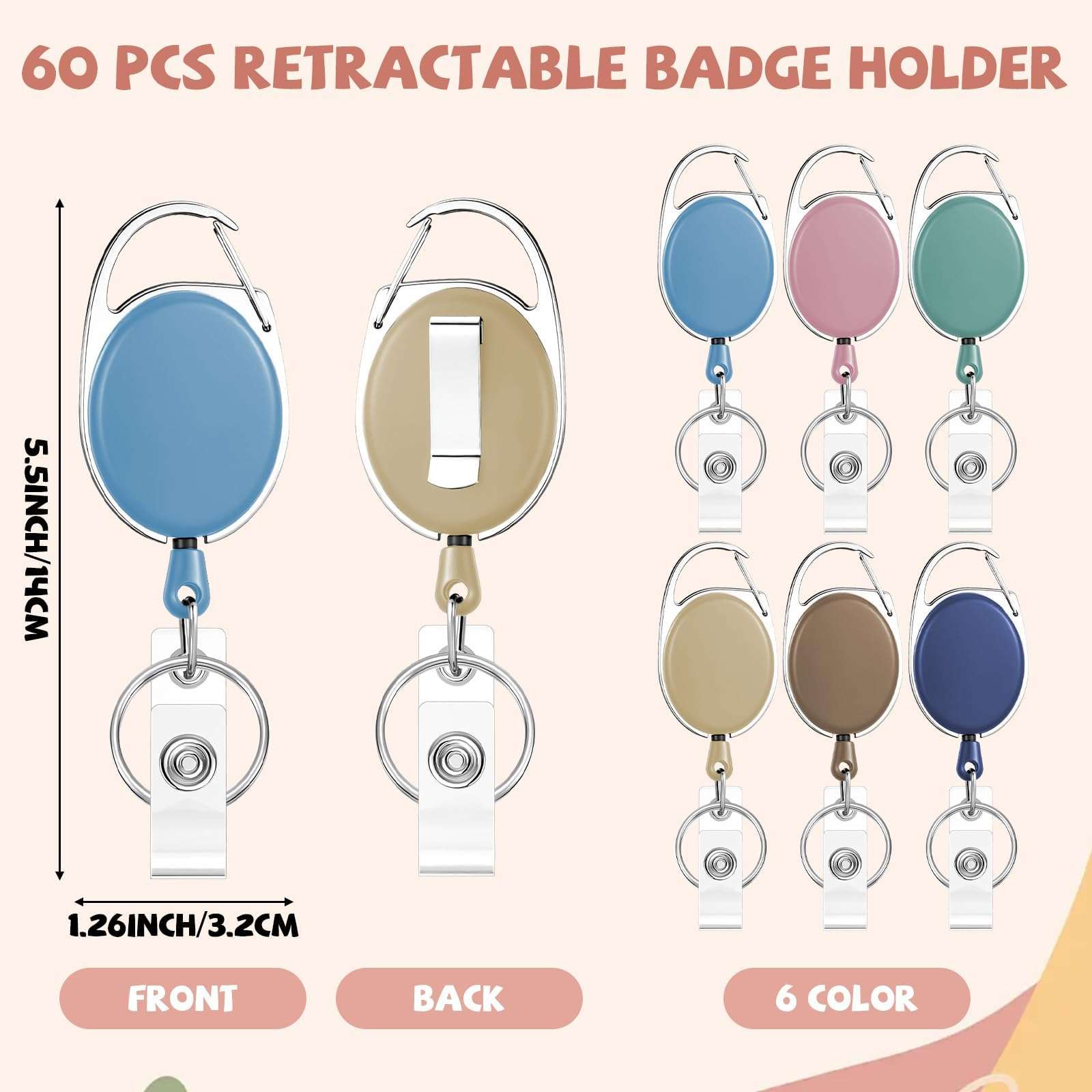 Bornerwhite 6 Color 60 Pcs Retractable Badge Holder with Carabiner Clips and Key Ring ID Badge Holder Retractable Clip Bulk for Office Worker Doctor Nurse Employee School Students Gifts 3