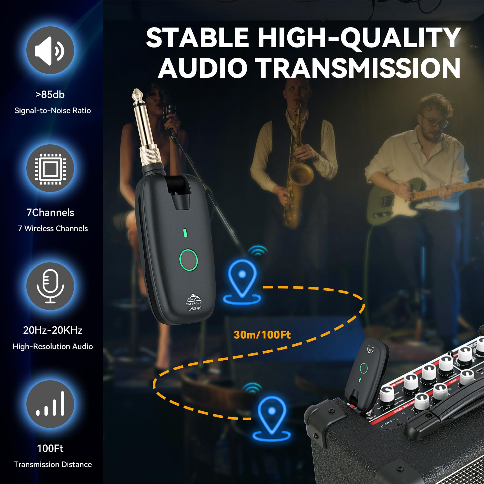 EASTROCK Wireless Guitar System, Transmitter & Receiver for Multiple Instruments — Electric Guitar, Bass & Keyboard, 7-Channel Rechargeable System with 6H Battery, 1/4” & 1/8” Plugs, Black 4