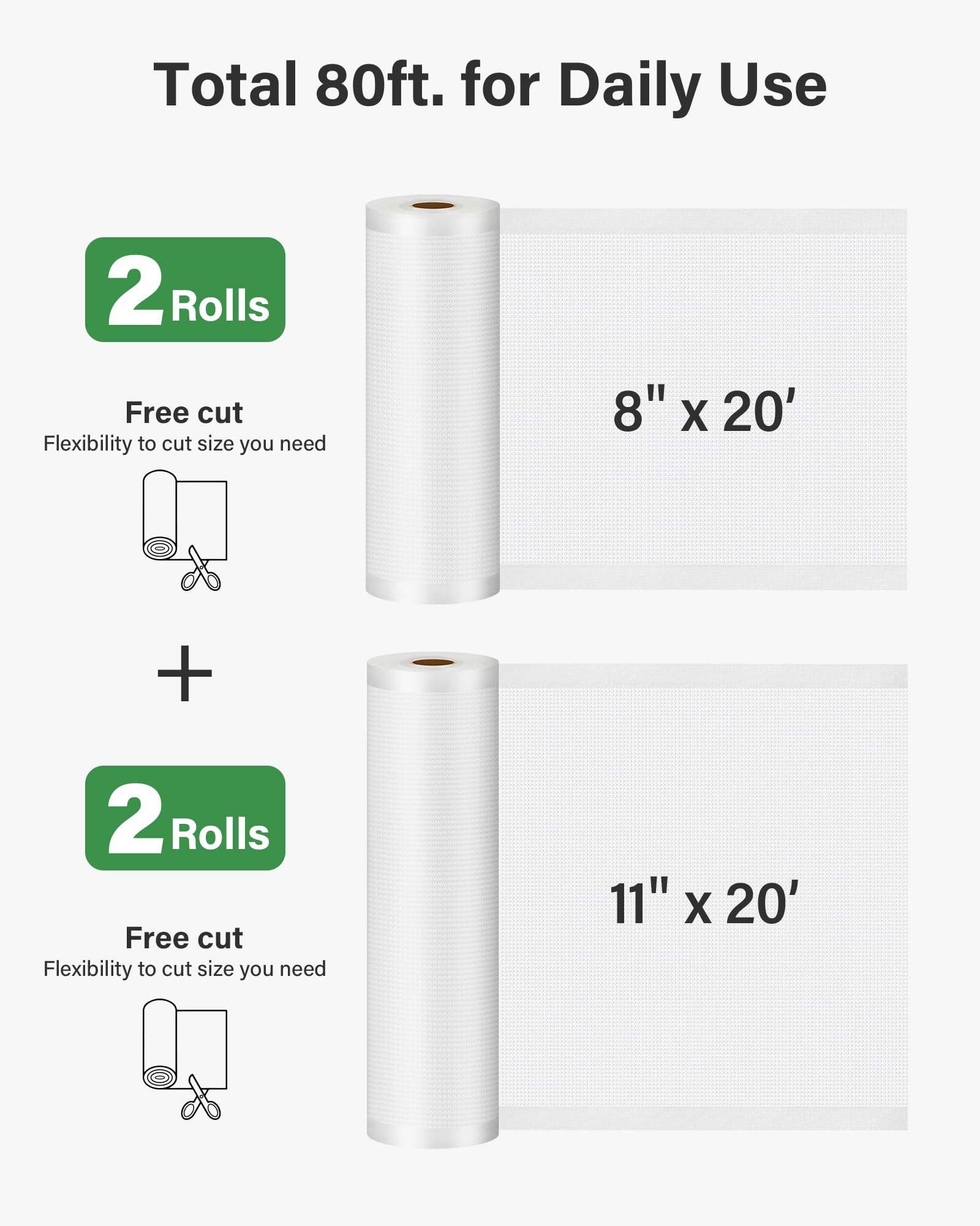 Kootek Vacuum Sealer Bags for Food, 4 Rolls for Custom Fit Food Storage, Meal Prep or Sous Vide, 8" x 20' (2 Rolls) and 11"x 20' (2 Rolls) Commercial Grade Vacuum Seal Freezer Bags Rolls 3