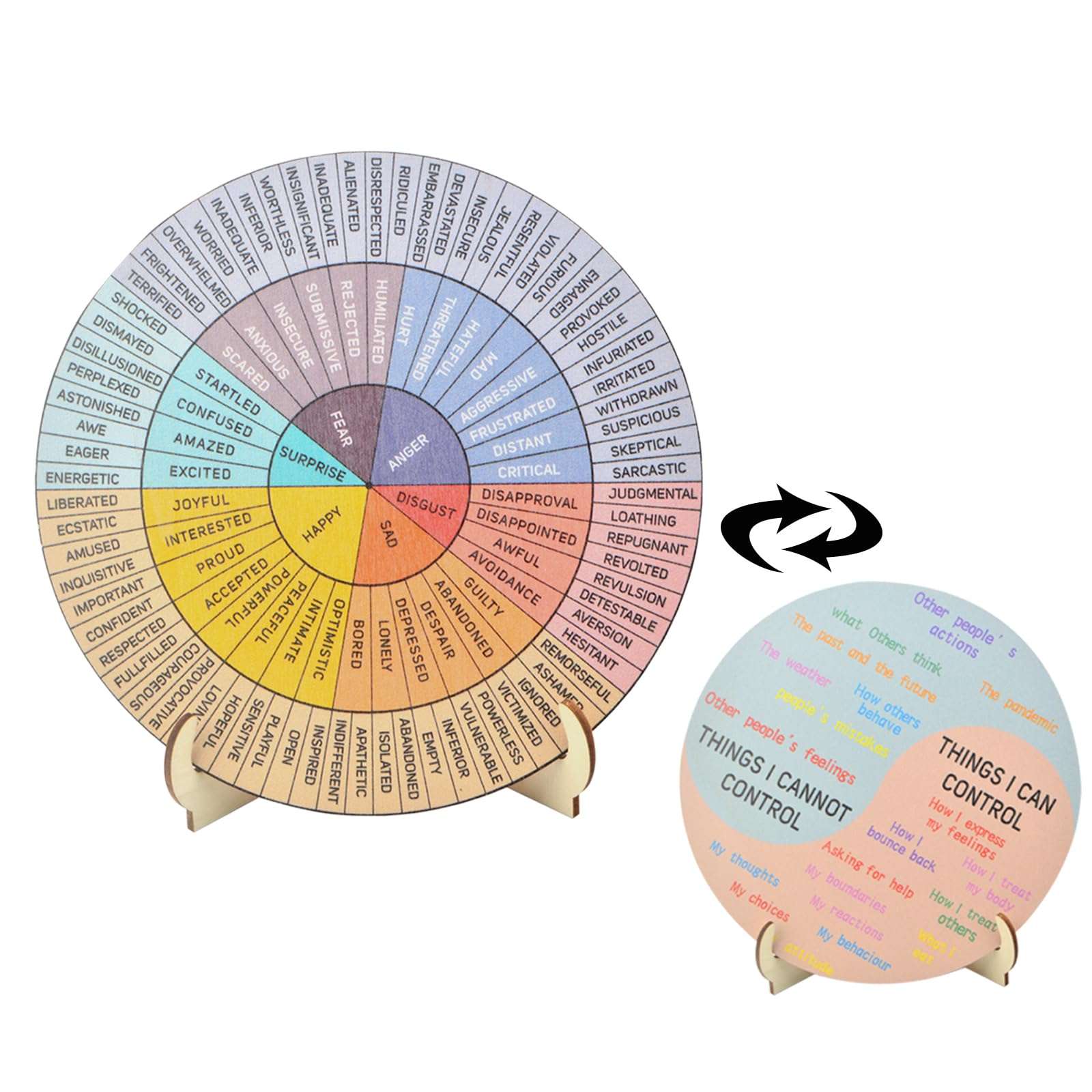Feelings Wheel Therapy Office Desk Decor, 2 Sets of Wooden Double Sided Mental Health Office Emotions Charts with Stand Therapist Gift for Home School Classroom Social Men Women 1
