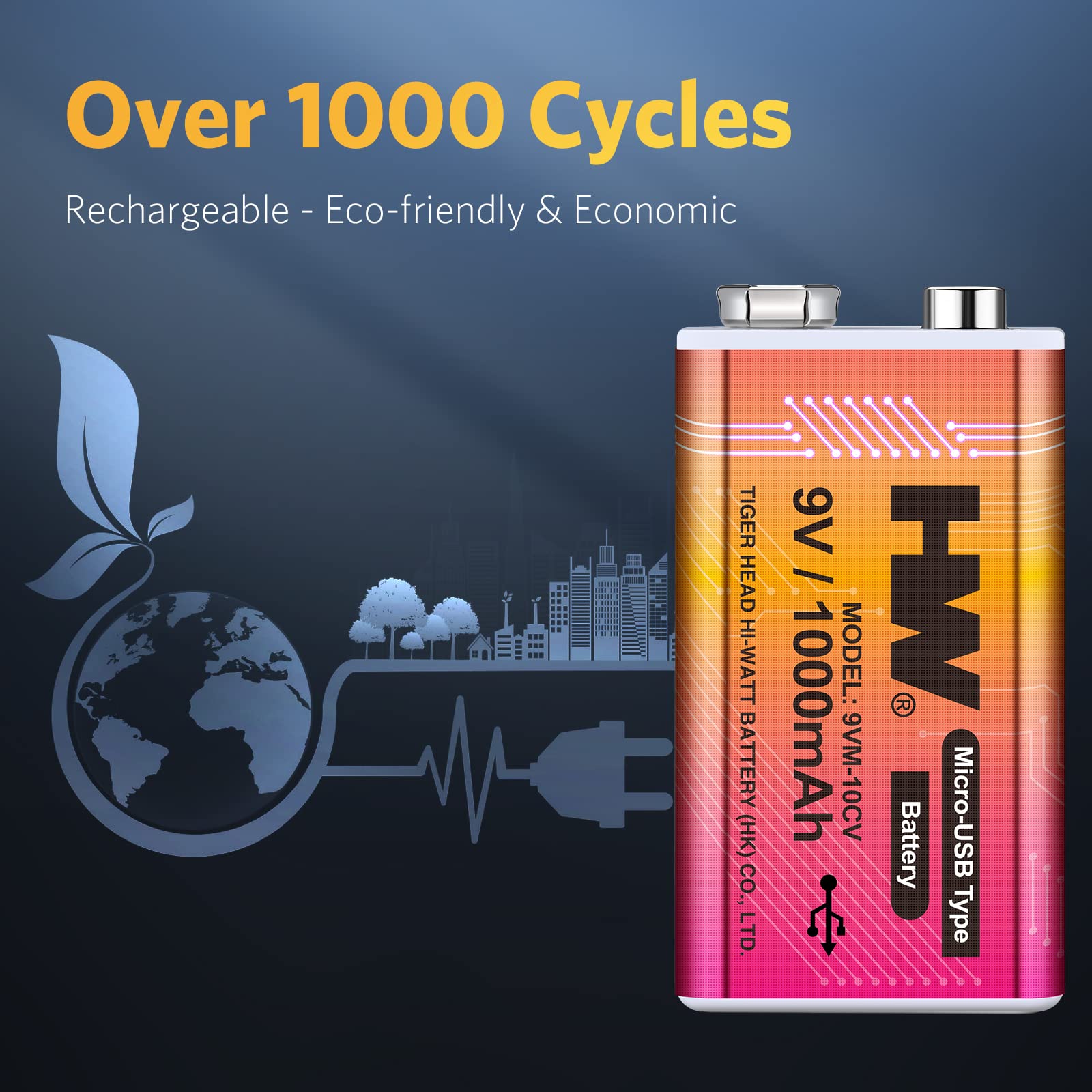 HW 9V Li-ion Rechargeable Battery, 9 Volt/1000mAh(9000mWh) Long Lasting Rechargeable Batteries with Micro-USB, 1000 Cycles Charge, 1.5 Hrs Fast Charging, LED Indicator, 2 Packs 4