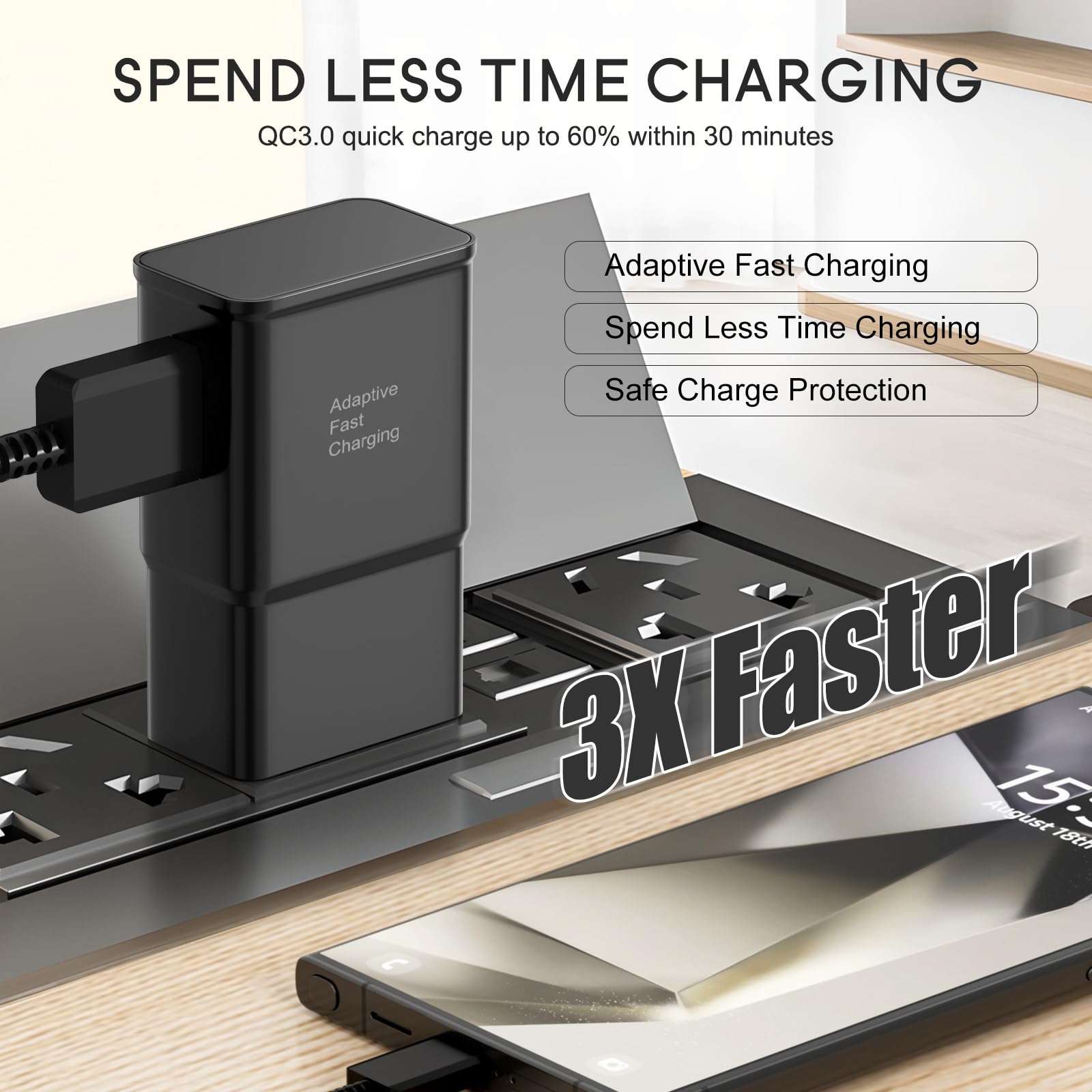 Samsung Adaptive Fast Charging Adapter Quick Charge Charging Block Wall Charger Plug Compatible with Galaxy S25/S25+/S24/S24+/S23/S23+/S22/S22+/S21/S20/S10/S10+/S10e/S9/S9+/S8/Active/Note 4