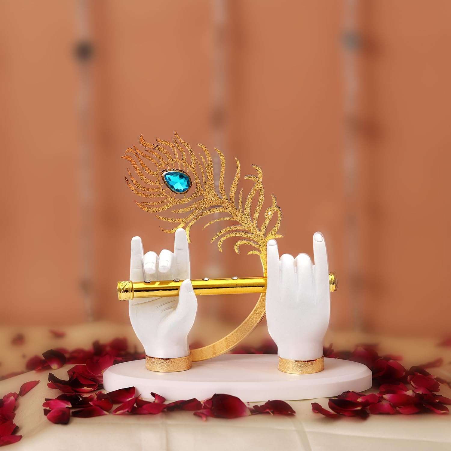 Gold Plated Krishna Hand with Flute Idol for Car and Home from Veda Connection | Lord Krishna Decor | Elegant Spiritual Gift for Pooja & Festivals | Premium Finish & Durable Design (White, 3.5 inches) 1