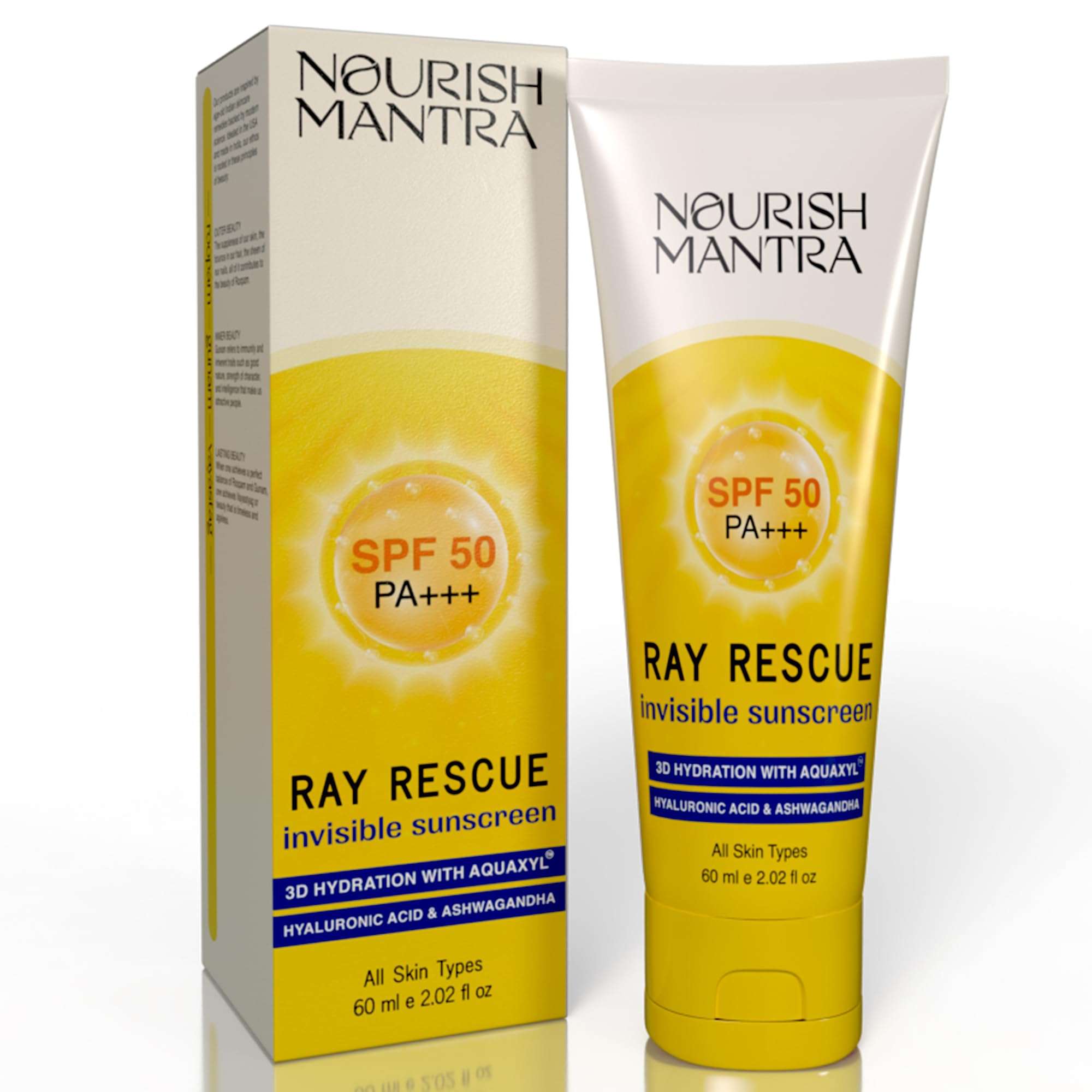 NOURISH MANTRA Ray Rescue Sunscreen/Sunscreen SPF 50/ With Hyaluronic Acid, Aquaxyl, Aloe Vera Extracts & Ashwagandha Extracts/No White Cast, (60 ml (Pack of 1)) 3