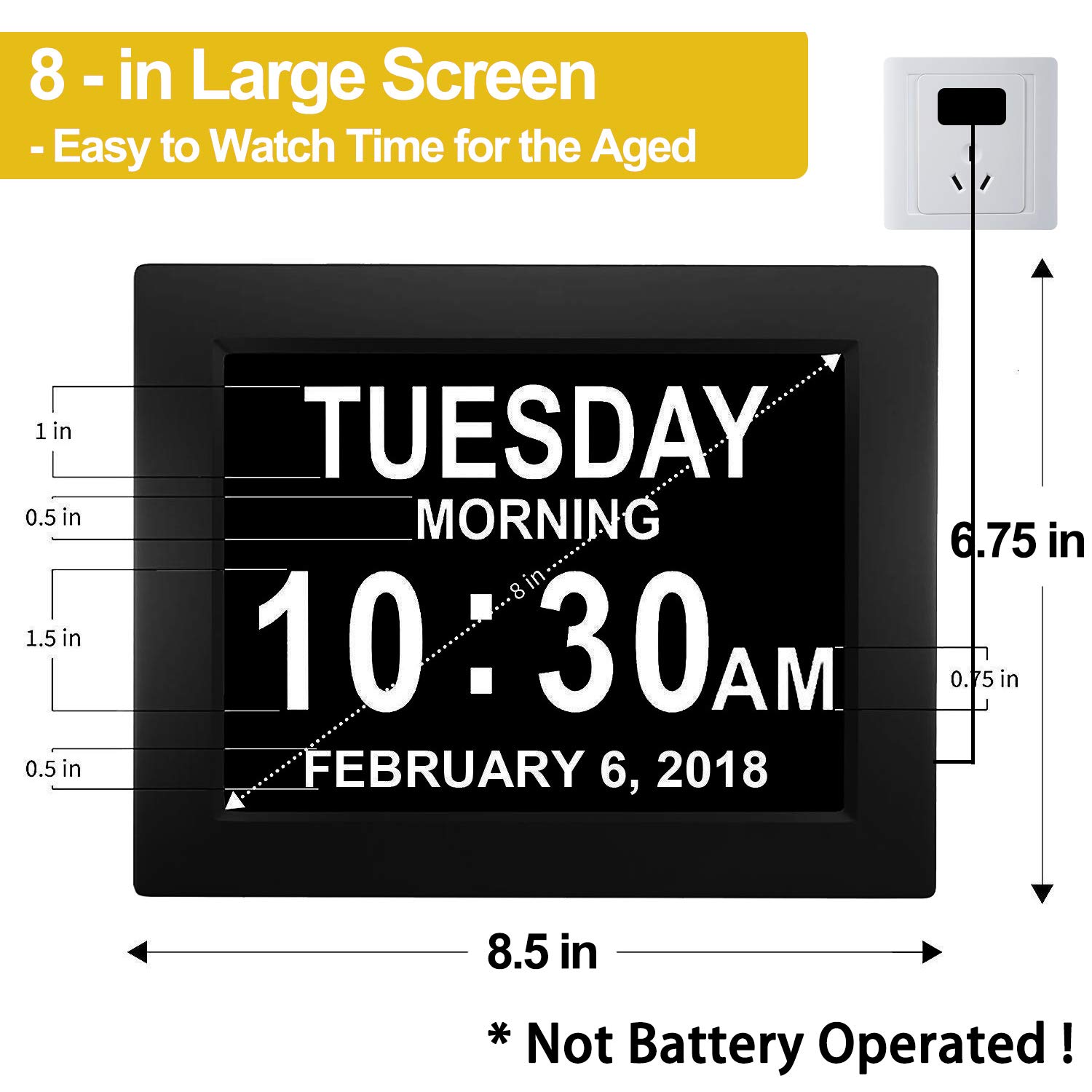 JALL 【New 2024】 Digital Calendar Alarm Day Clock - with 8" Large Screen Display, am pm, Multiple Alarms, for Impaired Vision People, The Aged Seniors, The Dementia, for Desk, Wall Mounted, Black 2