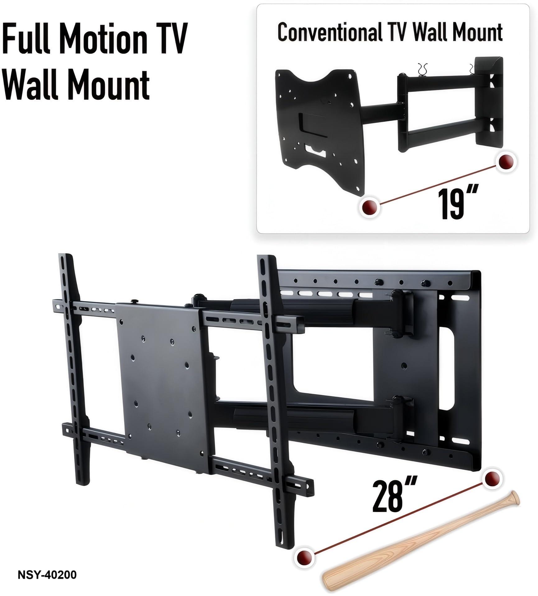 NSY-40200 Full Motion Articulating TV Mount for 32-75 Inch Flat TVs, Includes HDMI Cable, Extends 28 Inches 4