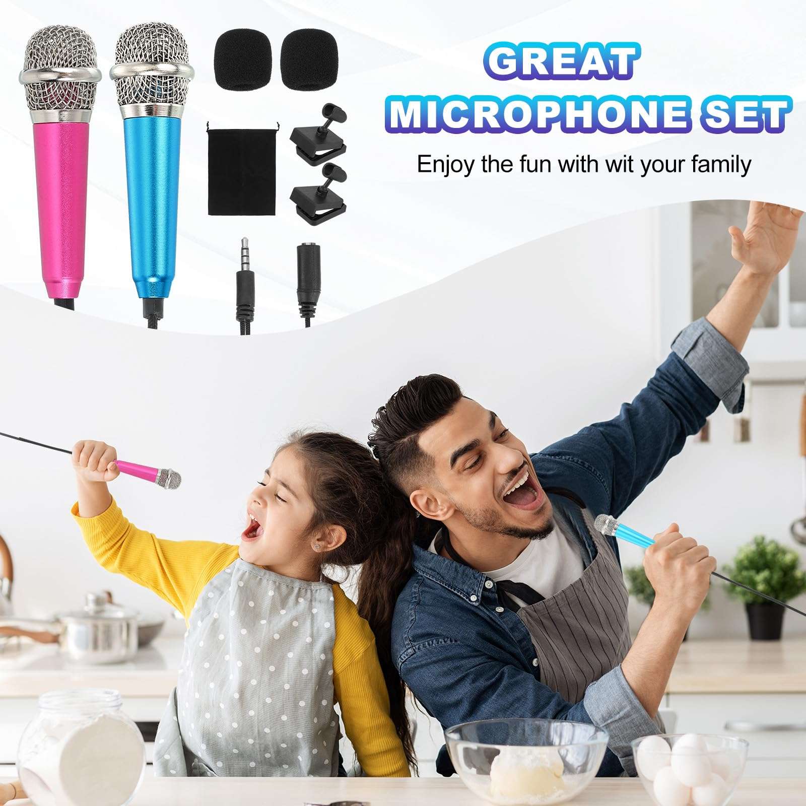 MECCANIXITY 4Pcs Mini Microphone, Mic Tiny Microphone with Sponge Cover, Holder and Drawstring Bag Portable for Karaoke Voice Video Recording Singing (Rose Red/Silver/Blue/Gold) 6