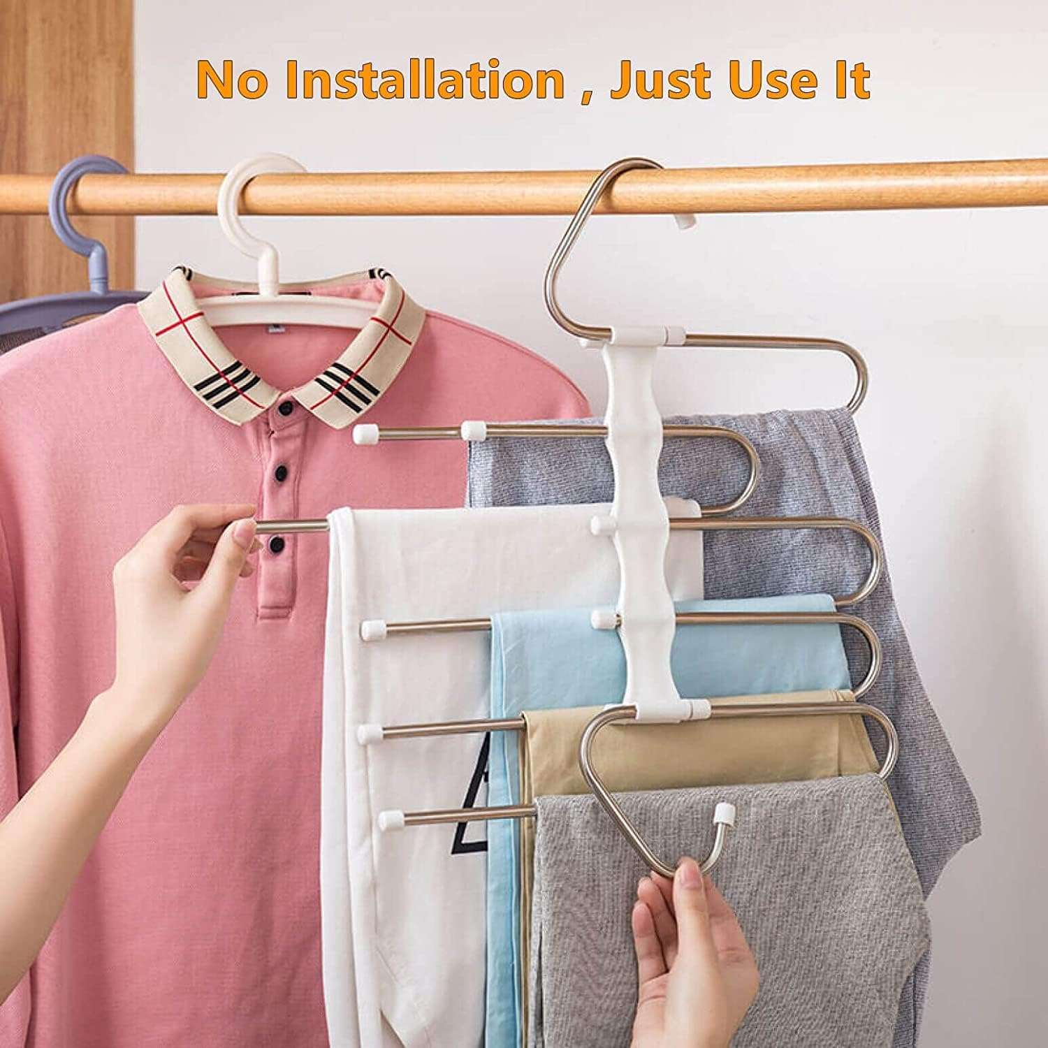 SHAYONAM (Pack of 2) 5 in 1 Stainless Steel and Covred/Foldable Hangers | 80% Space-Saving Closet Organizer for Clothes, Sarees, Shirts, & Trousers | 360° Rotating Hook, Multi-Purpose Design 5