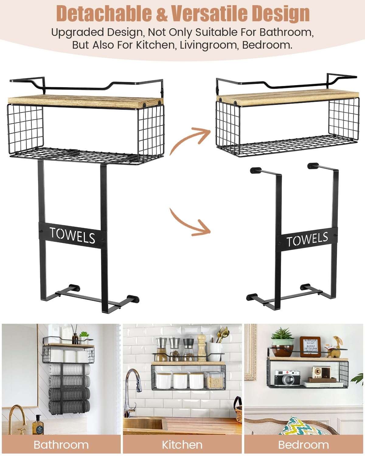 Towel Racks for Bathroom Wall Mounted - Bath Wall Towel Holder Set Above Toilet Storage, Rolled Towel Shelf Organizer for Small Bathroom, Wood Vertical Towel Rack for Bathroom Wall Decor 4