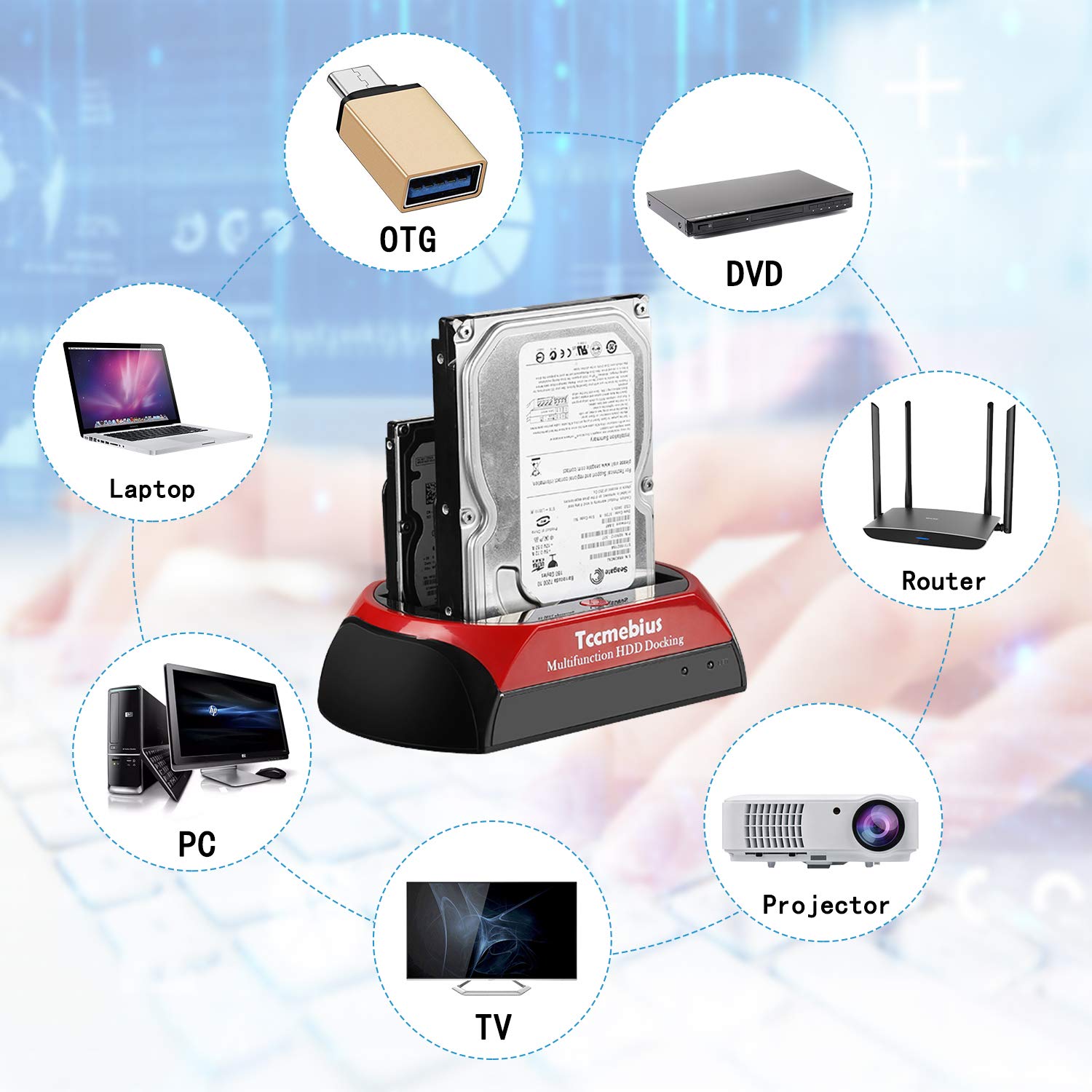 Tccmebius USB 3.0 Hard Drive Docking Station, TCC-S868-US USB 3.0 to 2.5 3.5 Inch SATA IDE Dual Slots Reader External Enclosure, for 2.5" 3.5" IDE SATA I/II/III HDD SSD 6