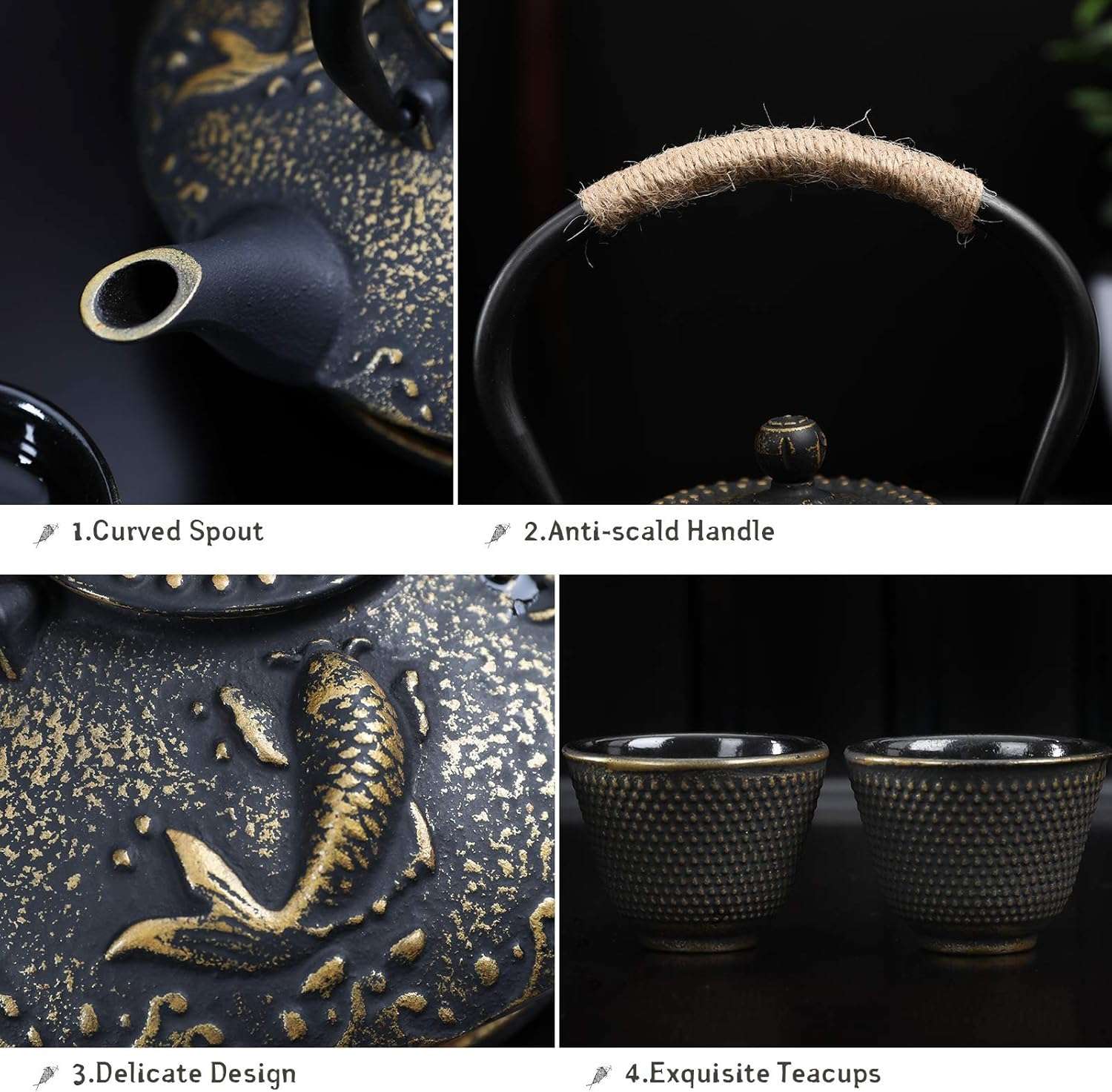 Lucario Cast Iron Teapot, Japanese Cast Iron Teapot with Stainless Steel Infuser, Durable Cast Iron with Fully Enamelled Interior, Beautiful Hammered Design(26oz,750ml) (LK-03) 6