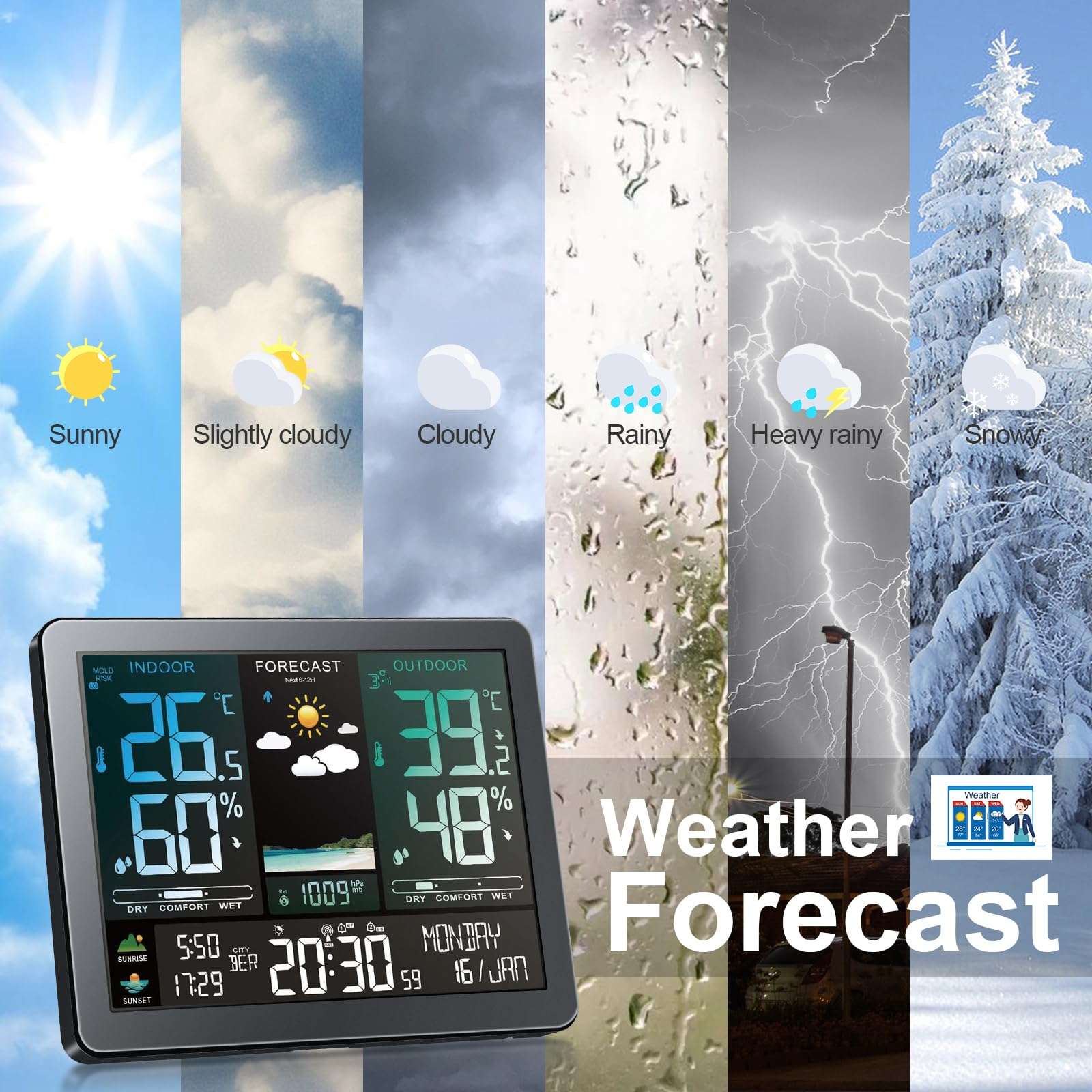 Weather Station with Atomic Clock Indoor Outdoor Thermometer Wireless, Humidity and Temperature Monitor Barometer Hygrometer with High Precision Sensor，Weather Forecast/Barometer Run Chart, Moon Phase 6