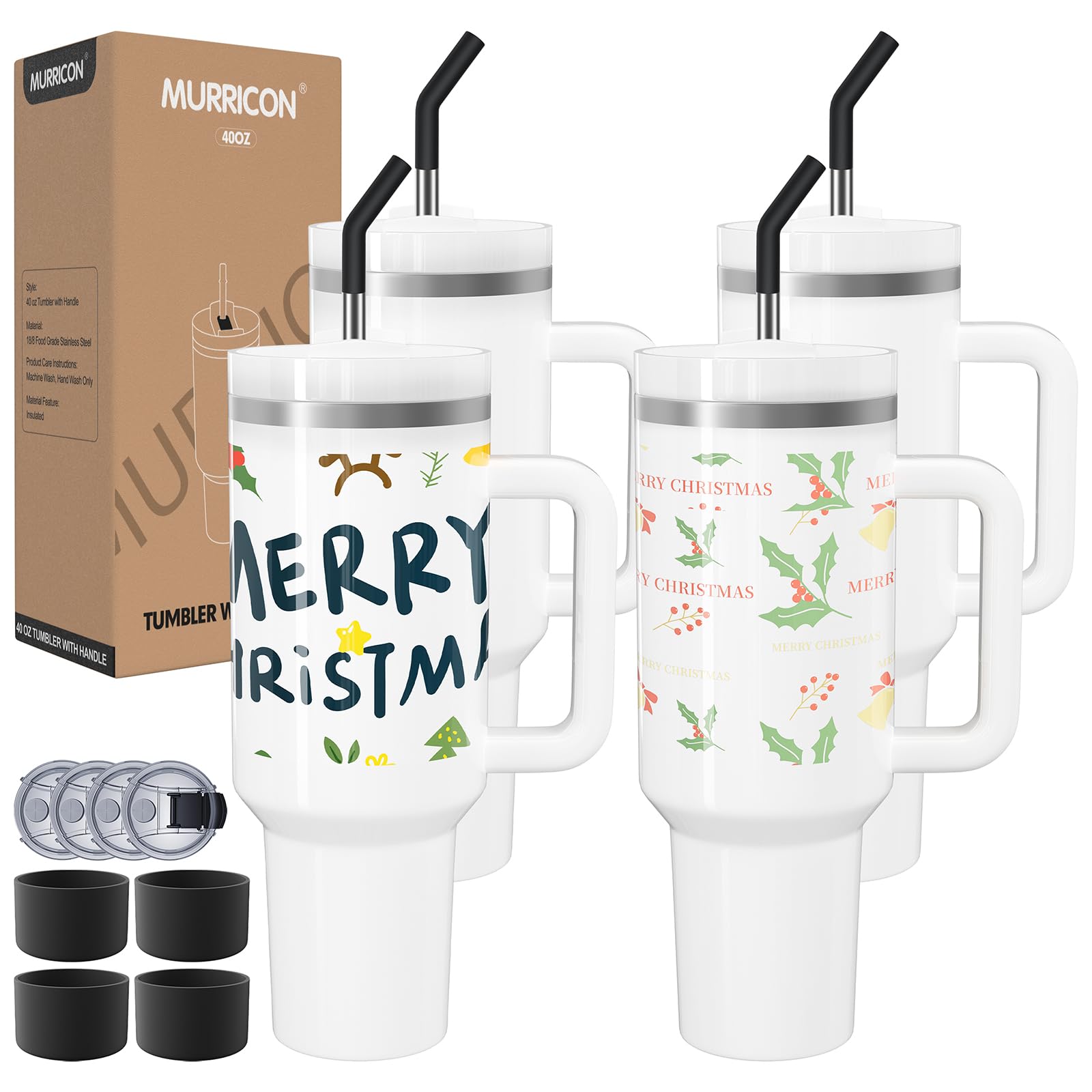 MURRICON 40 oz Tumbler with Handle and Straw,Stainless Steel Sublimation Tumblers with Handle,Vacuum Insulated Travel Mug with Lid,for Coffee and Beverages,4 Pack 1